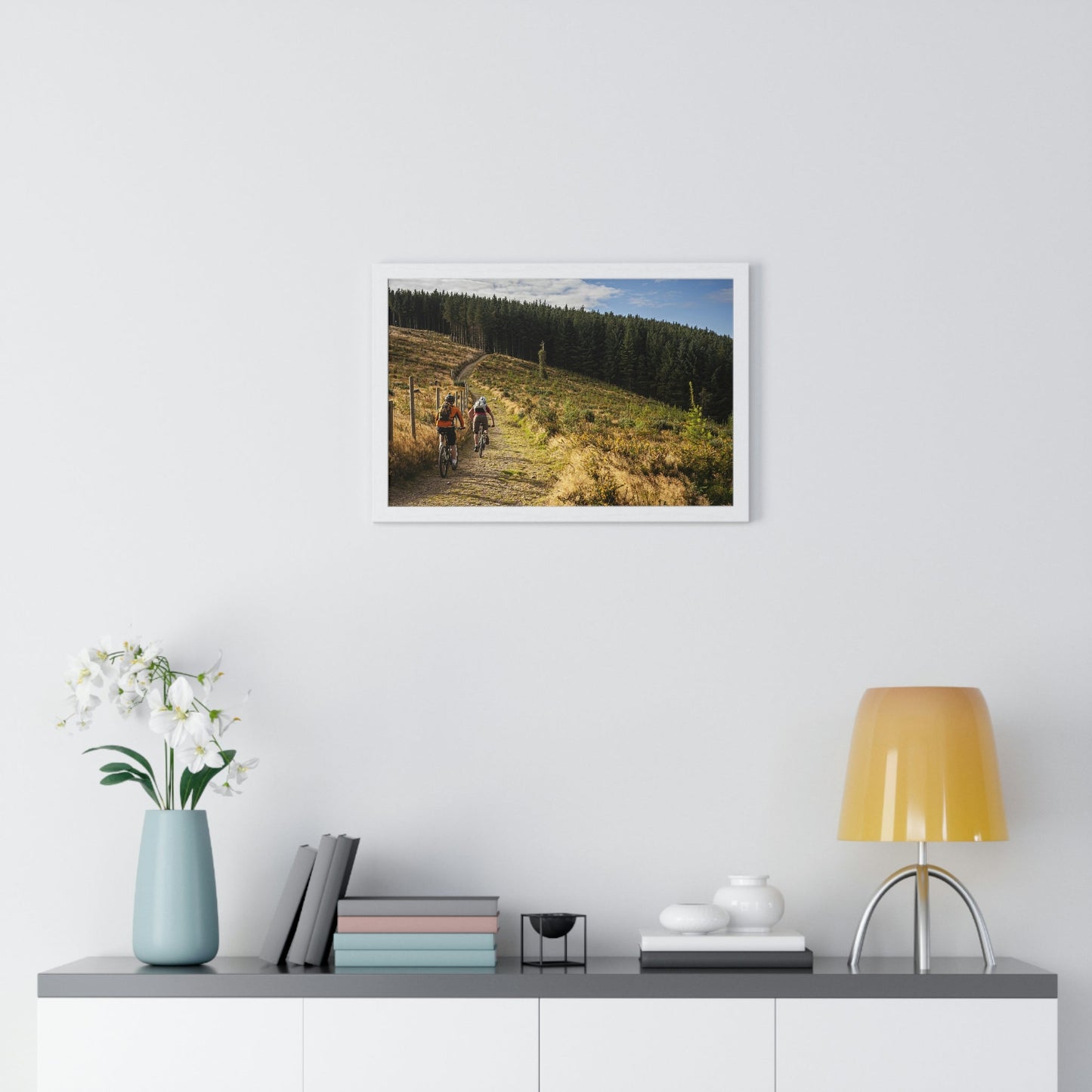 Premium Framed Horizontal Poster - Printed in LATVIA - Mountain Bikers riding towards a forest in Ireland - UK - EUROPE - Green Forest Home