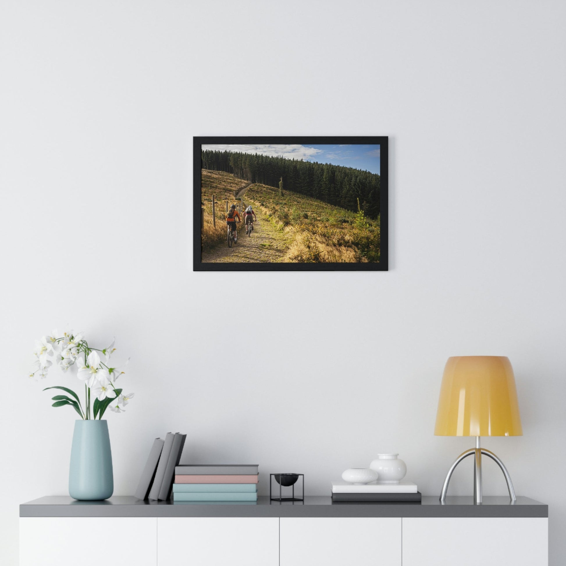 Premium Framed Horizontal Poster - Printed in LATVIA - Mountain Bikers riding towards a forest in Ireland - UK - EUROPE - Green Forest Home