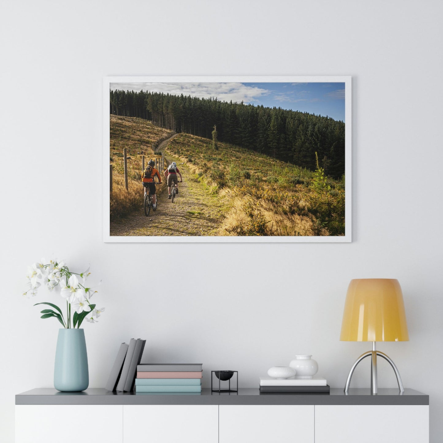 Premium Framed Horizontal Poster - Printed in LATVIA - Mountain Bikers riding towards a forest in Ireland - UK - EUROPE - Green Forest Home