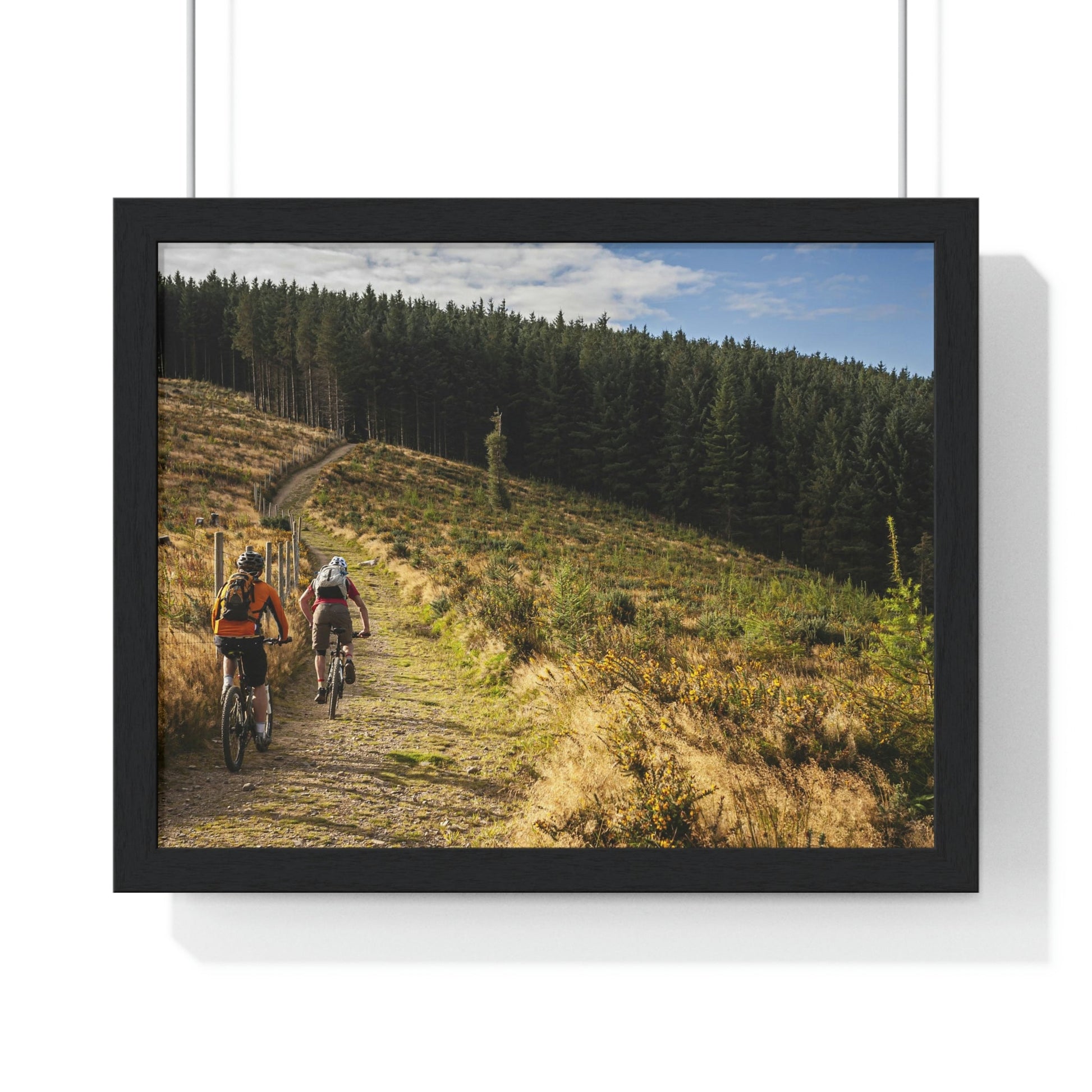 Premium Framed Horizontal Poster - Printed in LATVIA - Mountain Bikers riding towards a forest in Ireland - UK - EUROPE - Green Forest Home