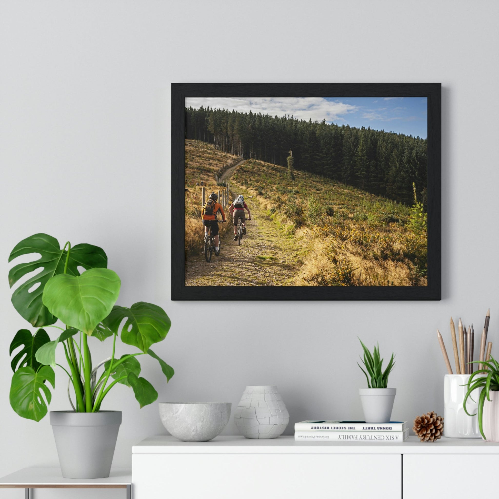 Premium Framed Horizontal Poster - Printed in LATVIA - Mountain Bikers riding towards a forest in Ireland - UK - EUROPE - Green Forest Home