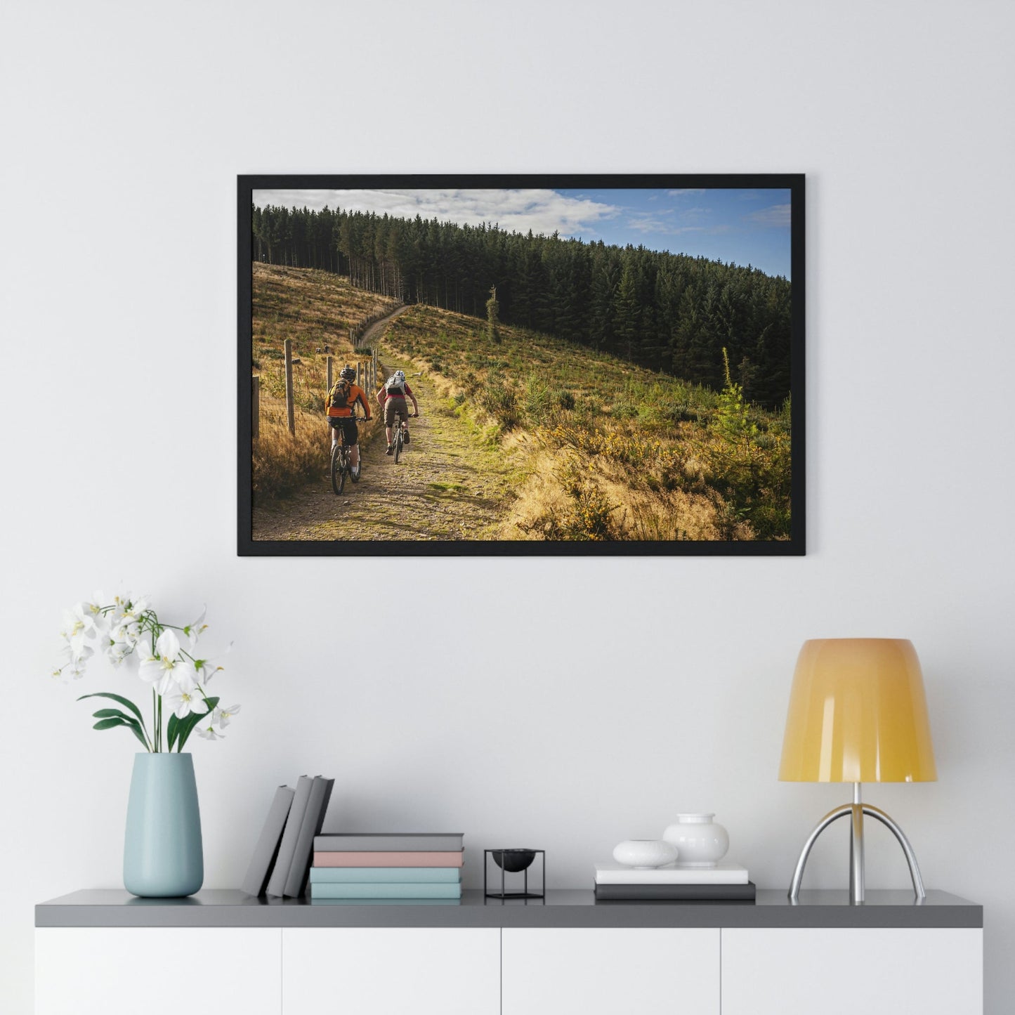 Premium Framed Horizontal Poster - Printed in LATVIA - Mountain Bikers riding towards a forest in Ireland - UK - EUROPE - Green Forest Home