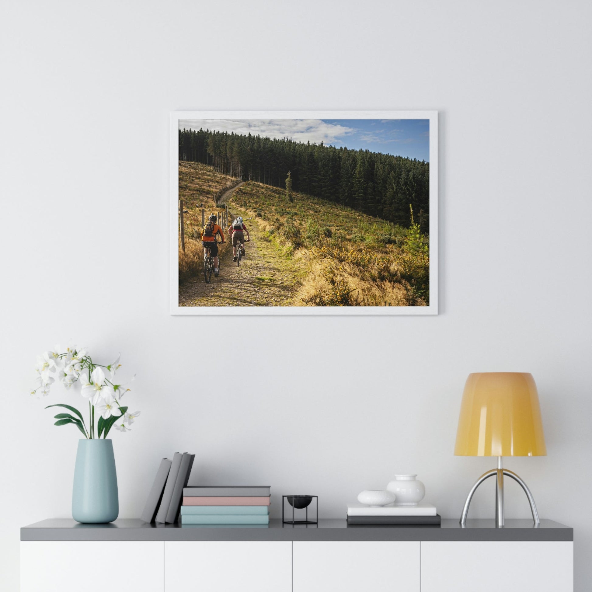 Premium Framed Horizontal Poster - Printed in LATVIA - Mountain Bikers riding towards a forest in Ireland - UK - EUROPE - Green Forest Home