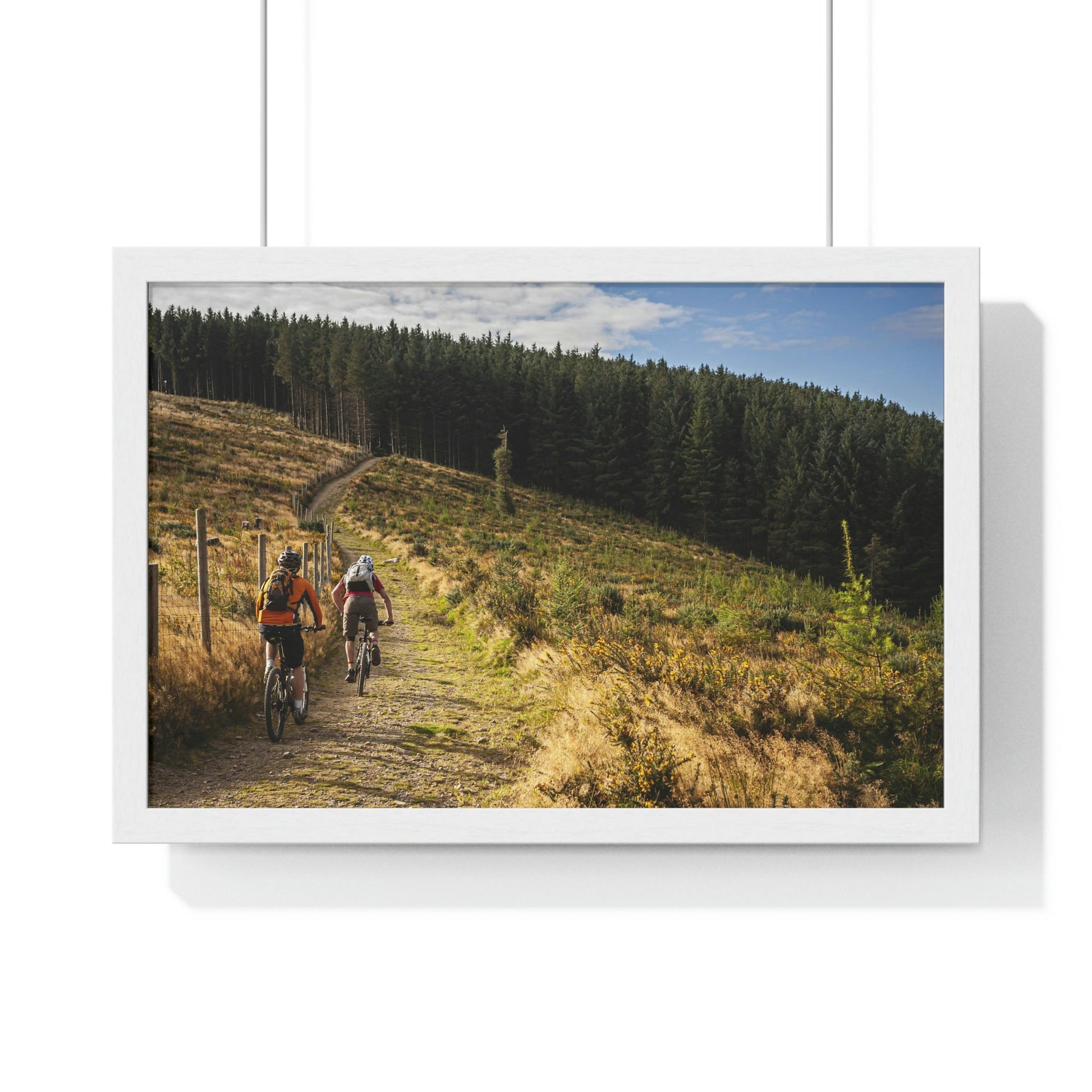 Premium Framed Horizontal Poster - Printed in LATVIA - Mountain Bikers riding towards a forest in Ireland - UK - EUROPE - Green Forest Home