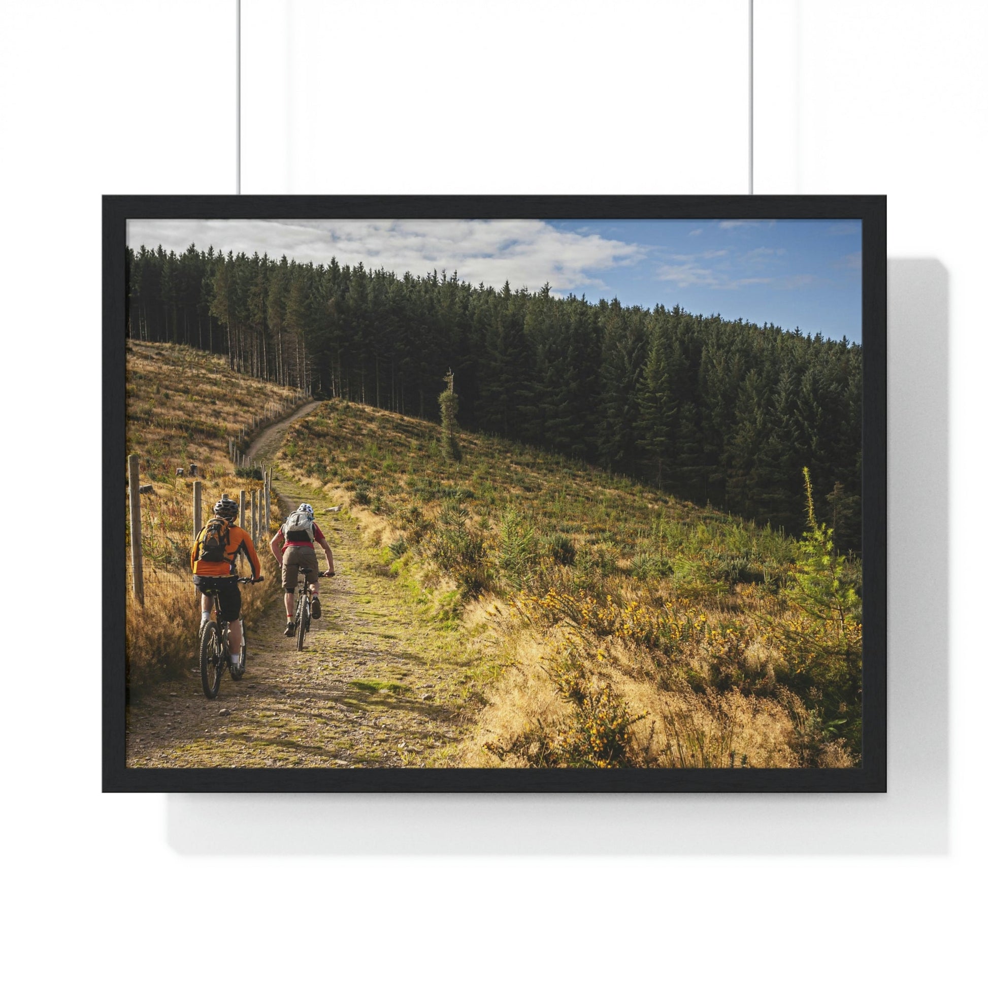 Premium Framed Horizontal Poster - Printed in LATVIA - Mountain Bikers riding towards a forest in Ireland - UK - EUROPE - Green Forest Home