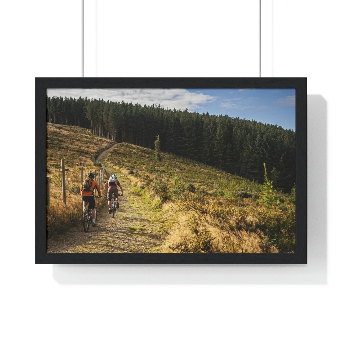 Premium Framed Horizontal Poster - Printed in LATVIA - Mountain Bikers riding towards a forest in Ireland - UK - EUROPE - Green Forest Home