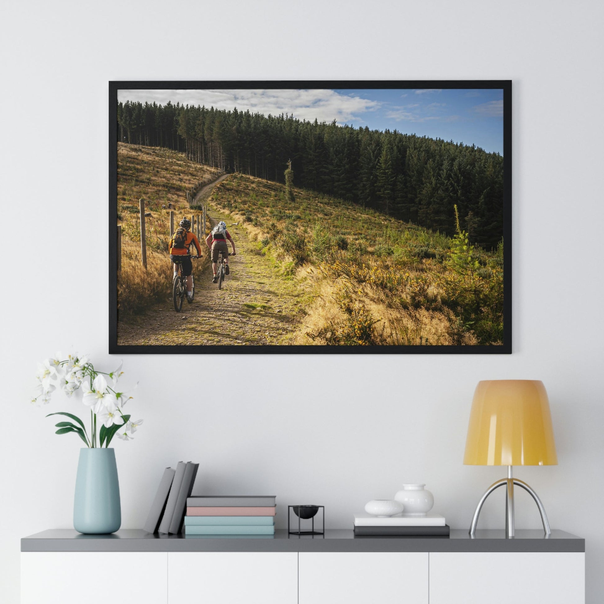 Premium Framed Horizontal Poster - Printed in LATVIA - Mountain Bikers riding towards a forest in Ireland - UK - EUROPE - Green Forest Home