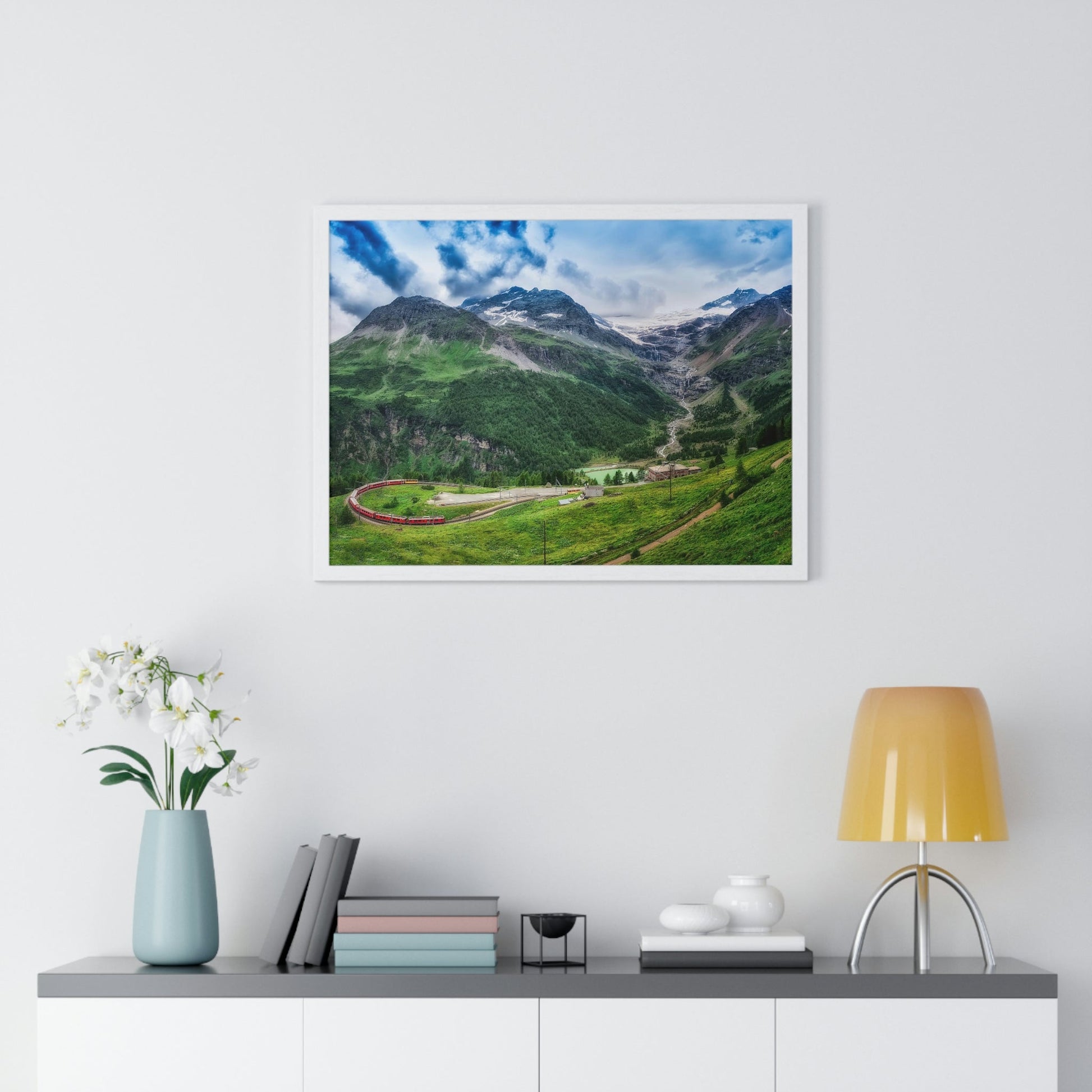 Premium Framed Horizontal Poster - Printed in LATVIA - Red TRAIN Bernina Express to the Passage in the Mountains in the Summer - EUROPE - Green Forest Home