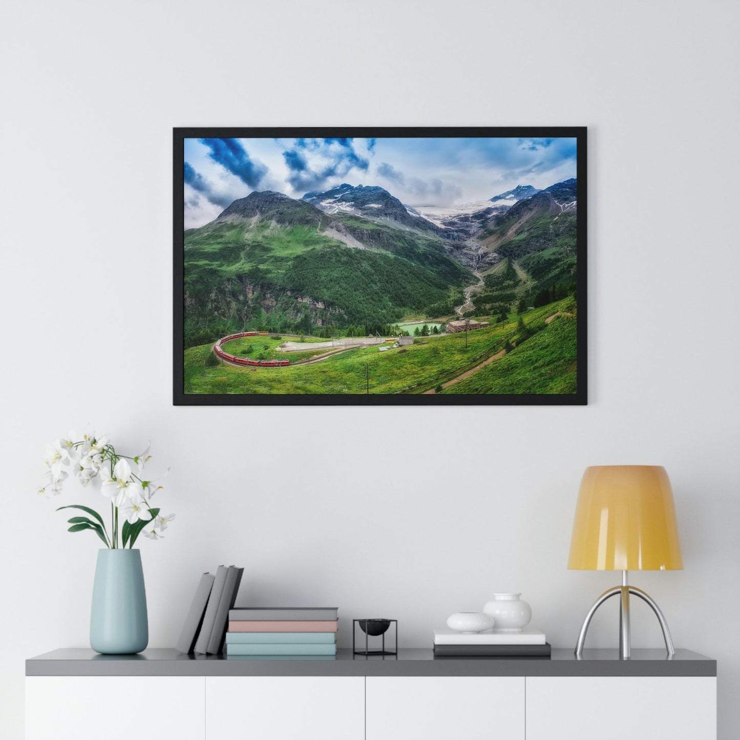 Premium Framed Horizontal Poster - Printed in LATVIA - Red TRAIN Bernina Express to the Passage in the Mountains in the Summer - EUROPE - Green Forest Home