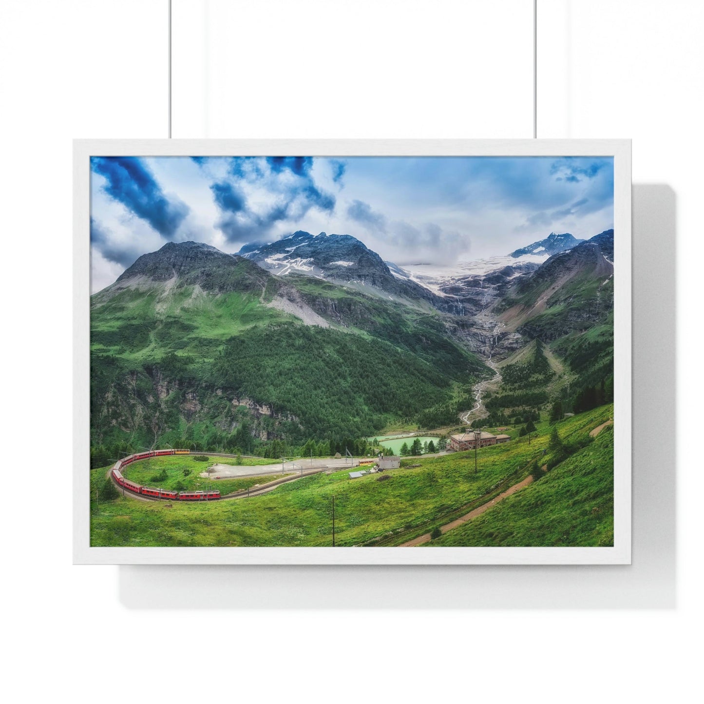 Premium Framed Horizontal Poster - Printed in LATVIA - Red TRAIN Bernina Express to the Passage in the Mountains in the Summer - EUROPE - Green Forest Home