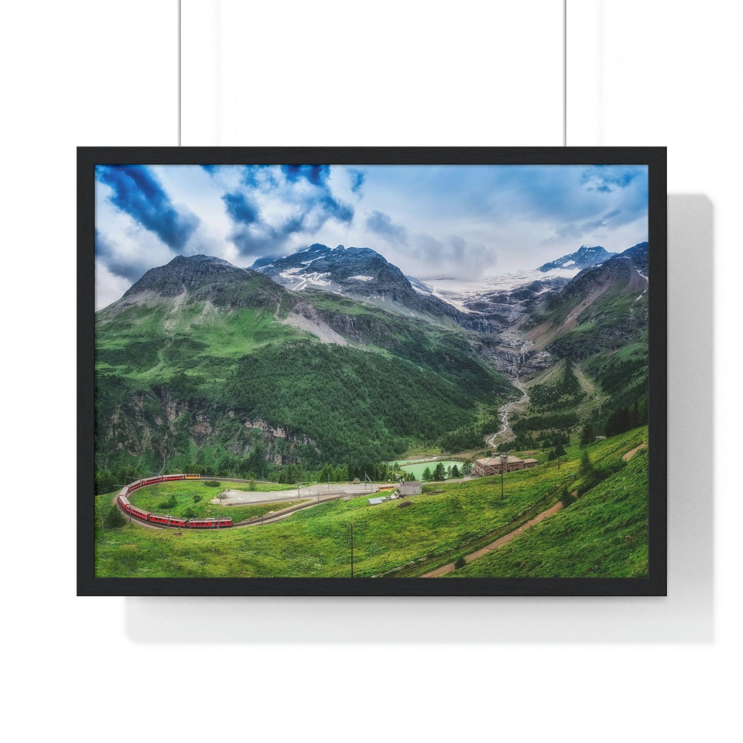 Premium Framed Horizontal Poster - Printed in LATVIA - Red TRAIN Bernina Express to the Passage in the Mountains in the Summer - EUROPE - Green Forest Home