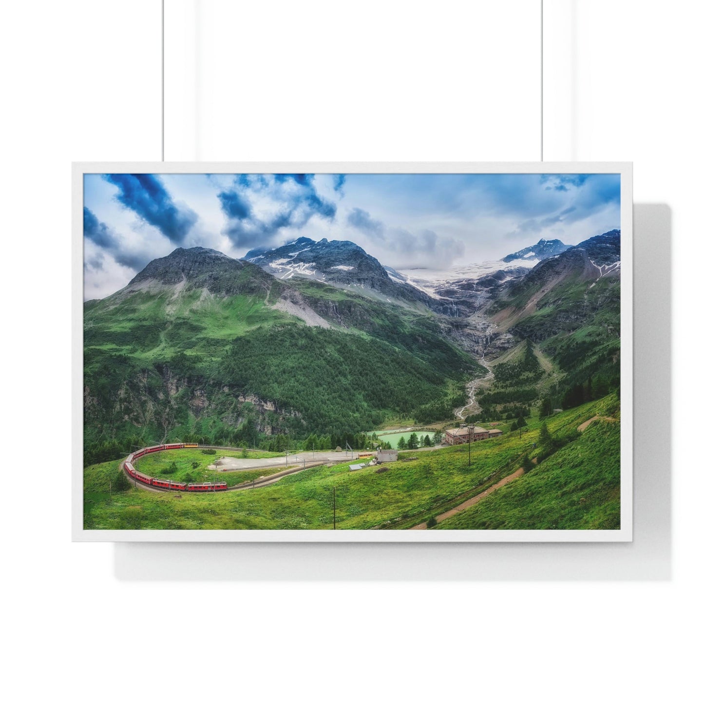 Premium Framed Horizontal Poster - Printed in LATVIA - Red TRAIN Bernina Express to the Passage in the Mountains in the Summer - EUROPE - Green Forest Home