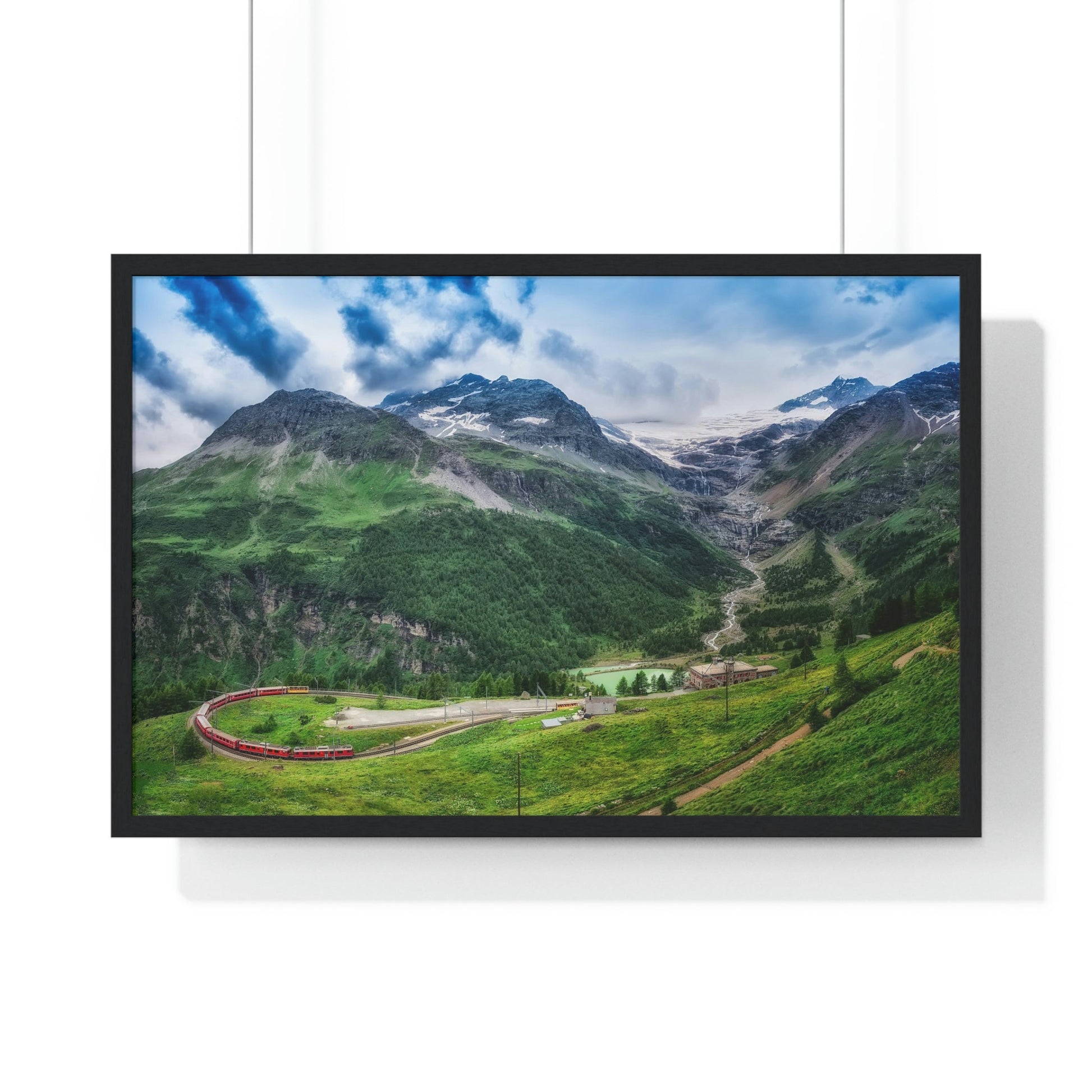 Premium Framed Horizontal Poster - Printed in LATVIA - Red TRAIN Bernina Express to the Passage in the Mountains in the Summer - EUROPE - Green Forest Home