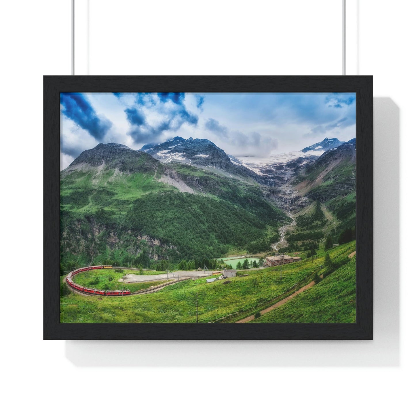 Premium Framed Horizontal Poster - Printed in LATVIA - Red TRAIN Bernina Express to the Passage in the Mountains in the Summer - EUROPE - Green Forest Home