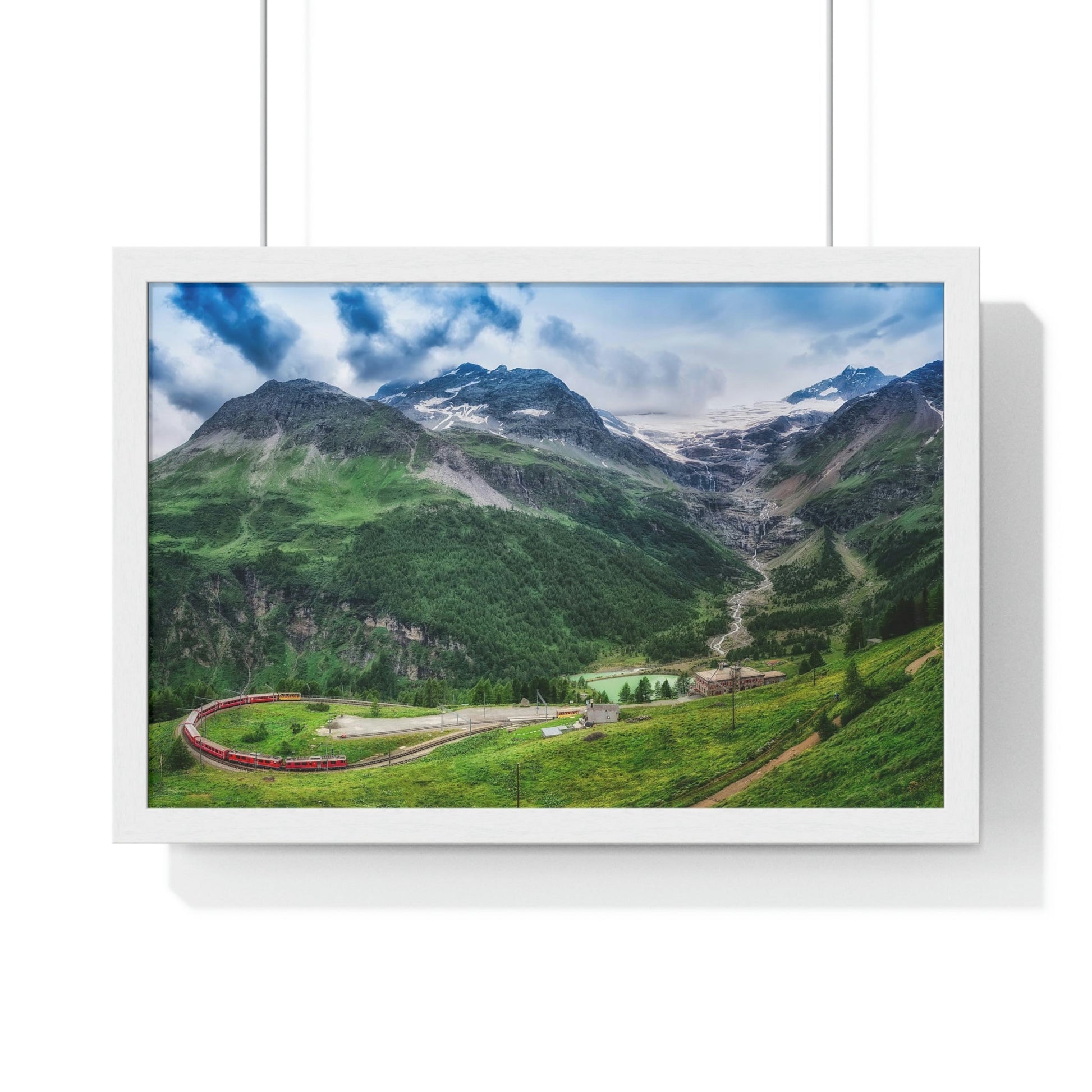 Premium Framed Horizontal Poster - Printed in LATVIA - Red TRAIN Bernina Express to the Passage in the Mountains in the Summer - EUROPE - Green Forest Home