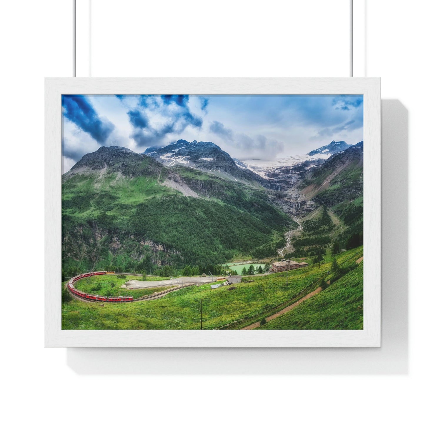 Premium Framed Horizontal Poster - Printed in LATVIA - Red TRAIN Bernina Express to the Passage in the Mountains in the Summer - EUROPE - Green Forest Home