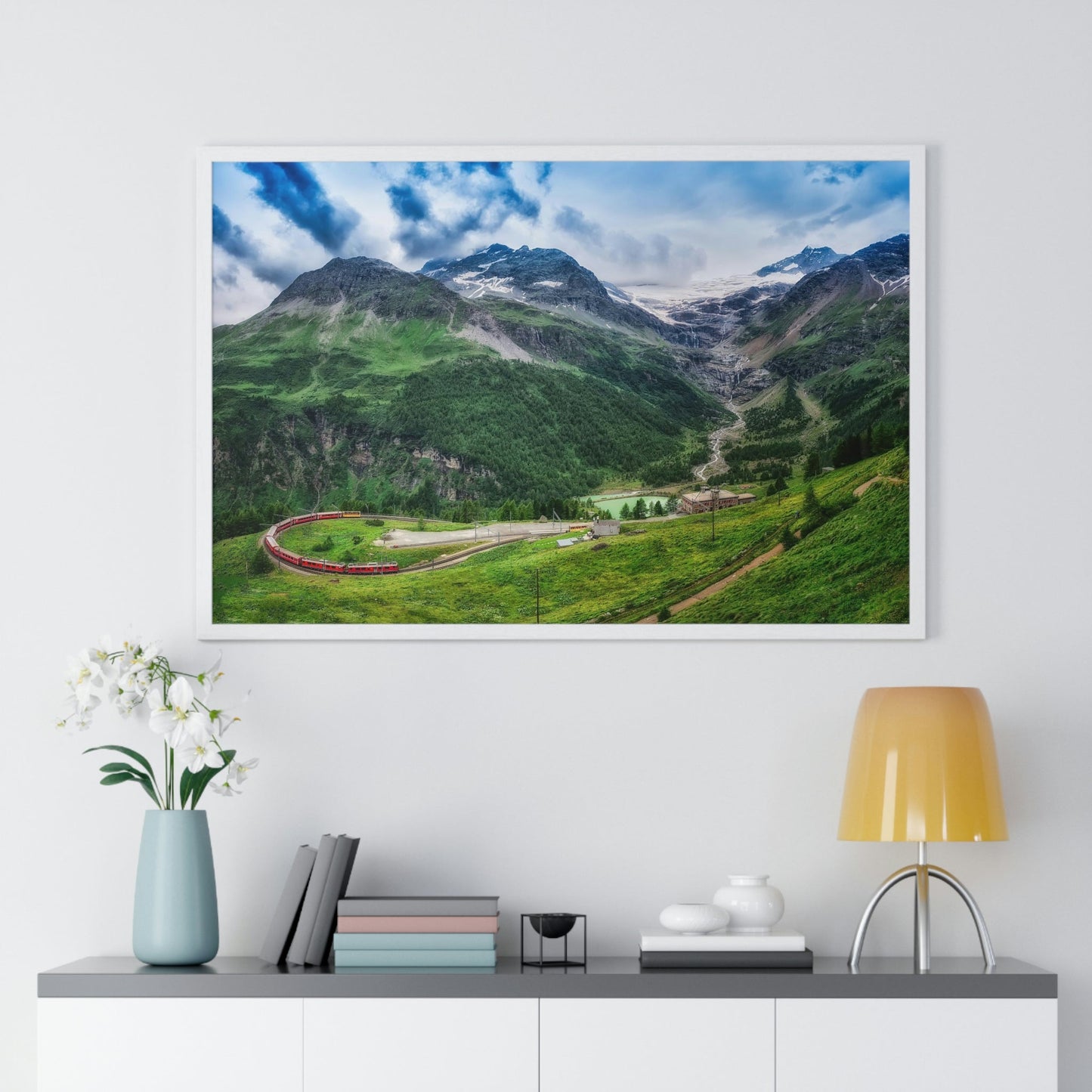 Premium Framed Horizontal Poster - Printed in LATVIA - Red TRAIN Bernina Express to the Passage in the Mountains in the Summer - EUROPE - Green Forest Home