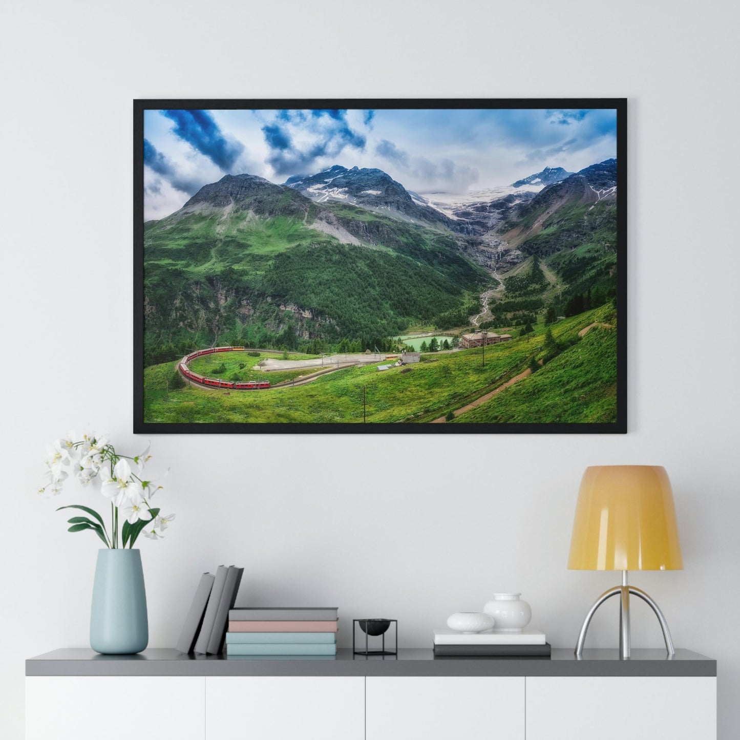 Premium Framed Horizontal Poster - Printed in LATVIA - Red TRAIN Bernina Express to the Passage in the Mountains in the Summer - EUROPE - Green Forest Home