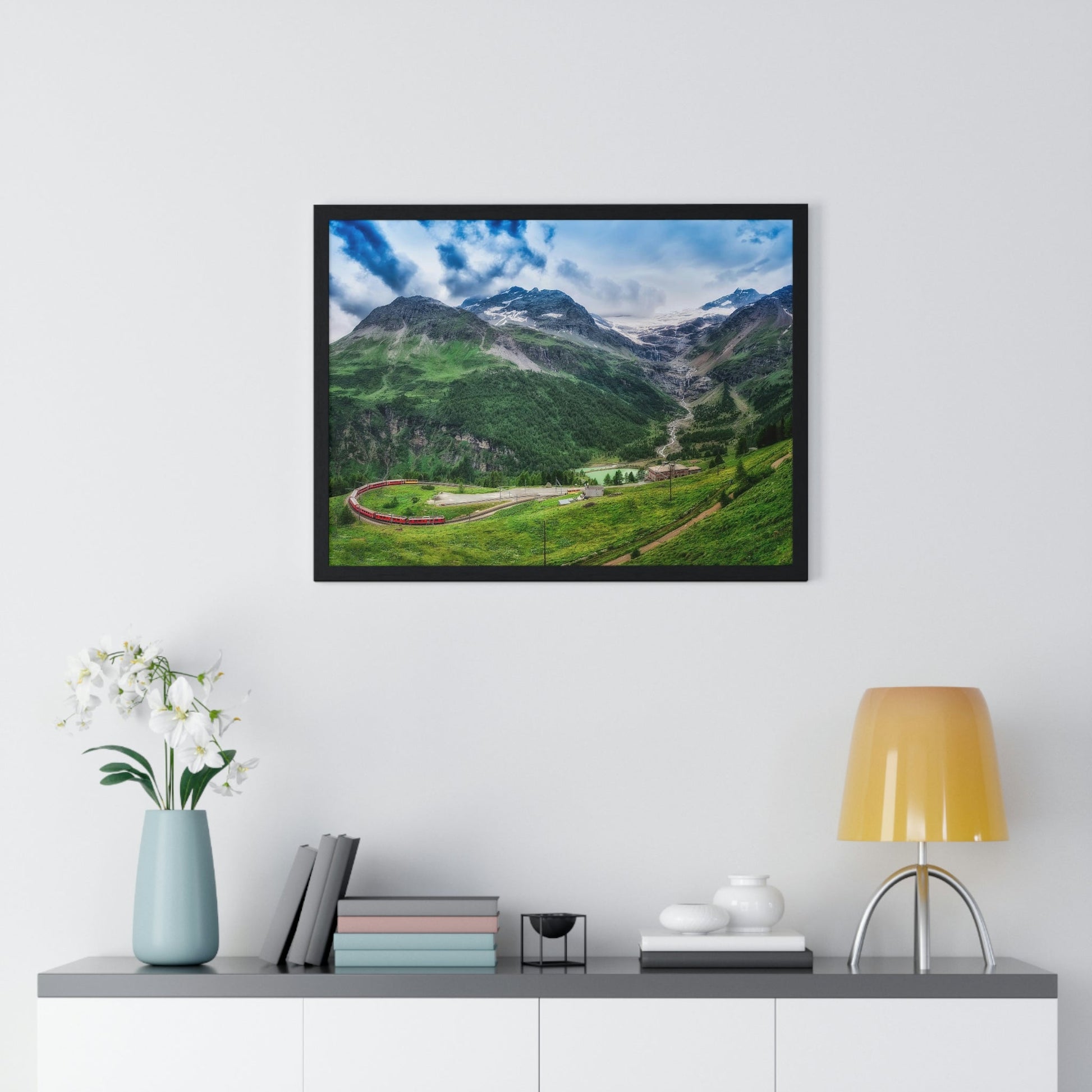 Premium Framed Horizontal Poster - Printed in LATVIA - Red TRAIN Bernina Express to the Passage in the Mountains in the Summer - EUROPE - Green Forest Home