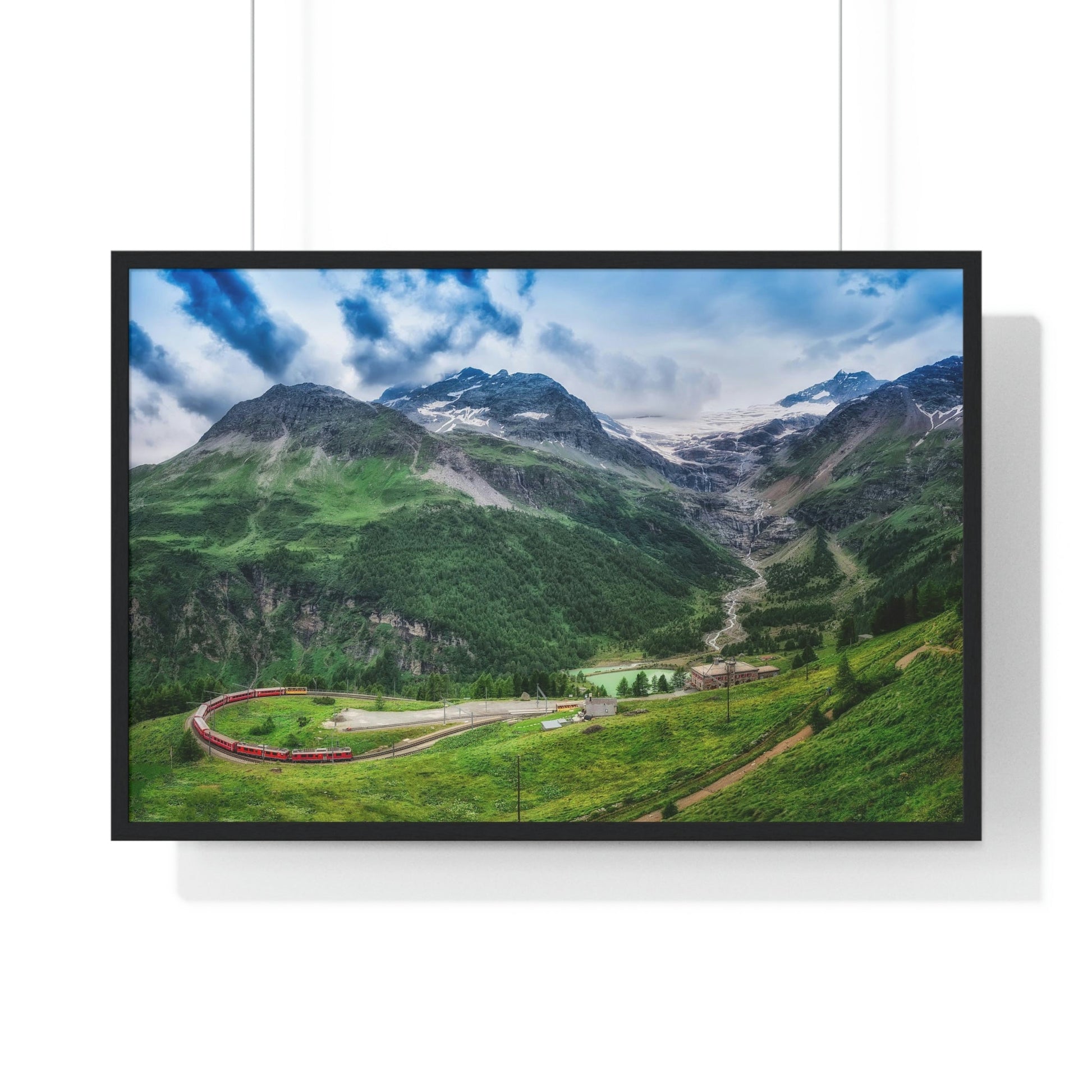 Premium Framed Horizontal Poster - Printed in LATVIA - Red TRAIN Bernina Express to the Passage in the Mountains in the Summer - EUROPE - Green Forest Home