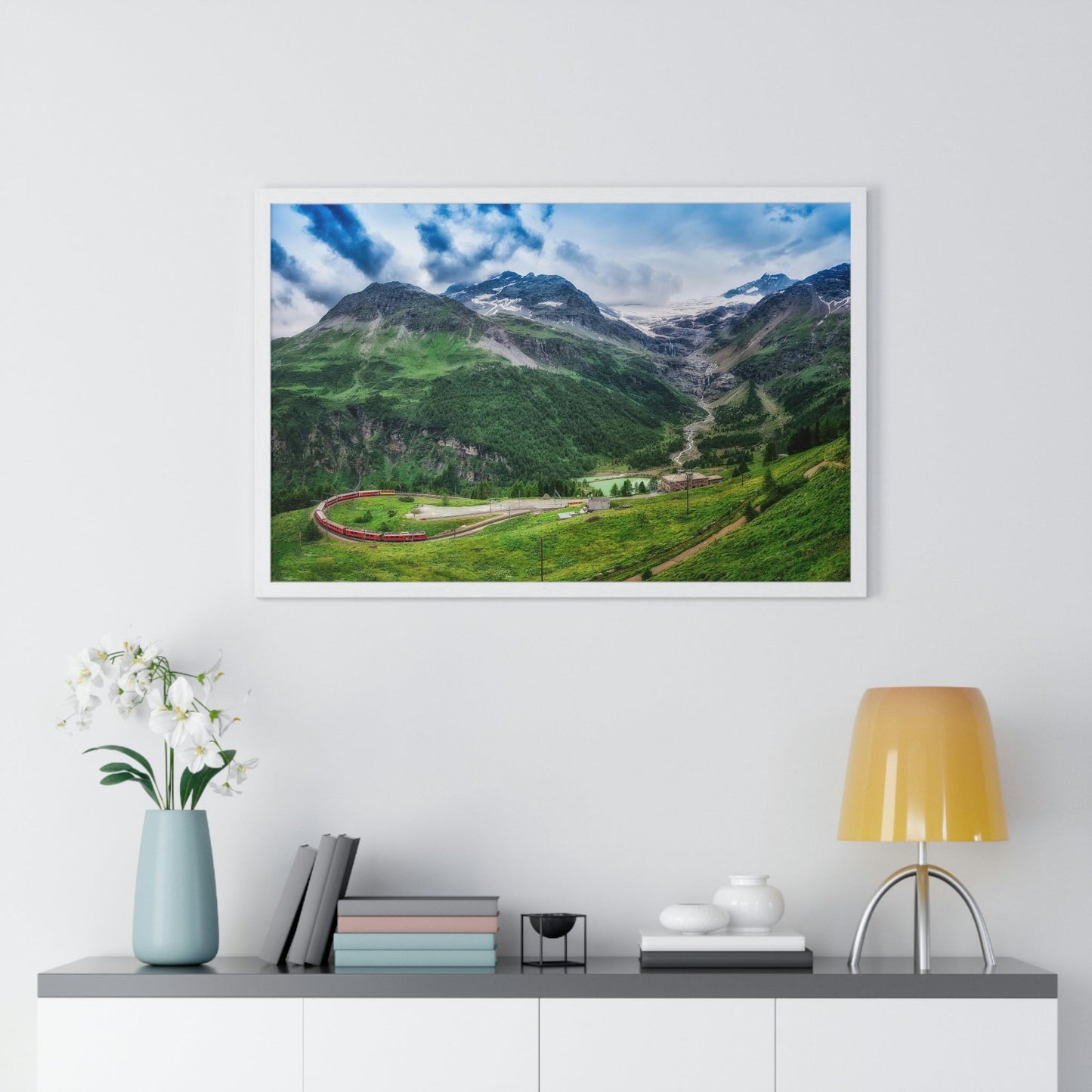 Premium Framed Horizontal Poster - Printed in LATVIA - Red TRAIN Bernina Express to the Passage in the Mountains in the Summer - EUROPE - Green Forest Home