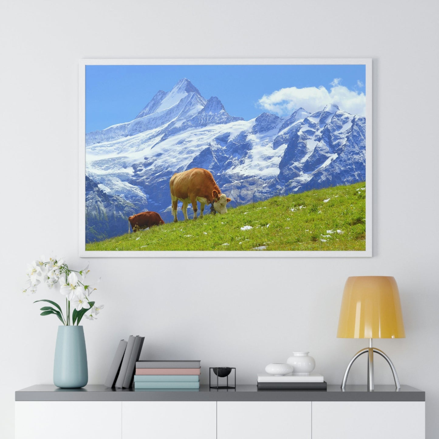 Premium Framed Horizontal Poster - Printed in LATVIA - Swiss Cow on Green Grass in the Alps, Grindelwald, Switzerland, EUROPE - Green Forest Home