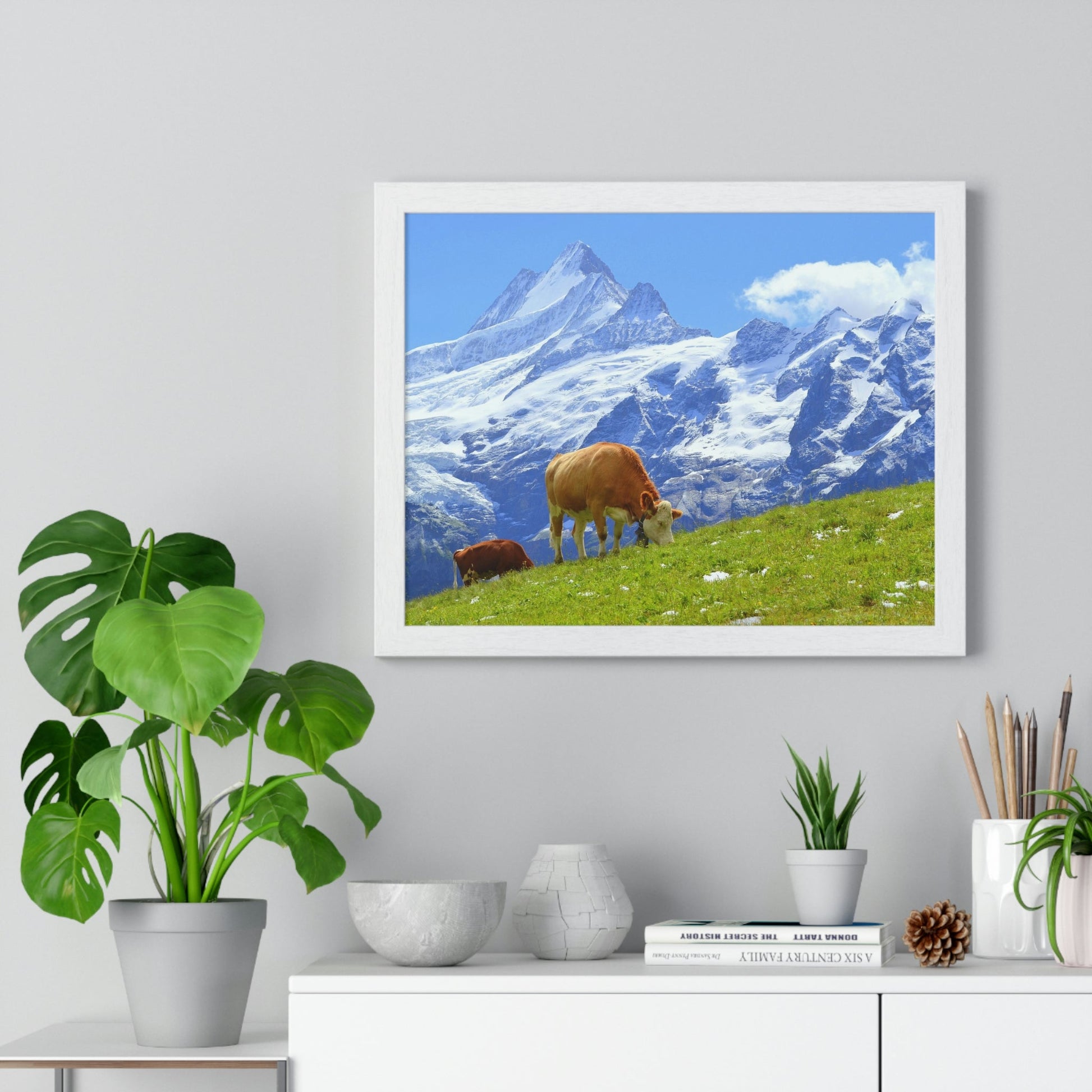 Premium Framed Horizontal Poster - Printed in LATVIA - Swiss Cow on Green Grass in the Alps, Grindelwald, Switzerland, EUROPE - Green Forest Home