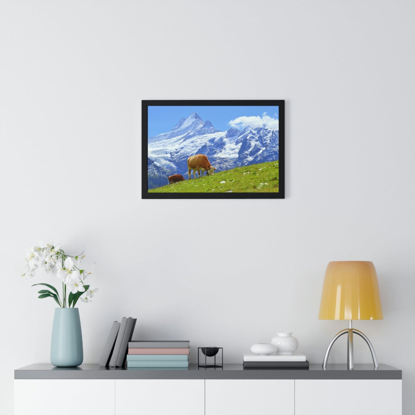 Premium Framed Horizontal Poster - Printed in LATVIA - Swiss Cow on Green Grass in the Alps, Grindelwald, Switzerland, EUROPE - Green Forest Home