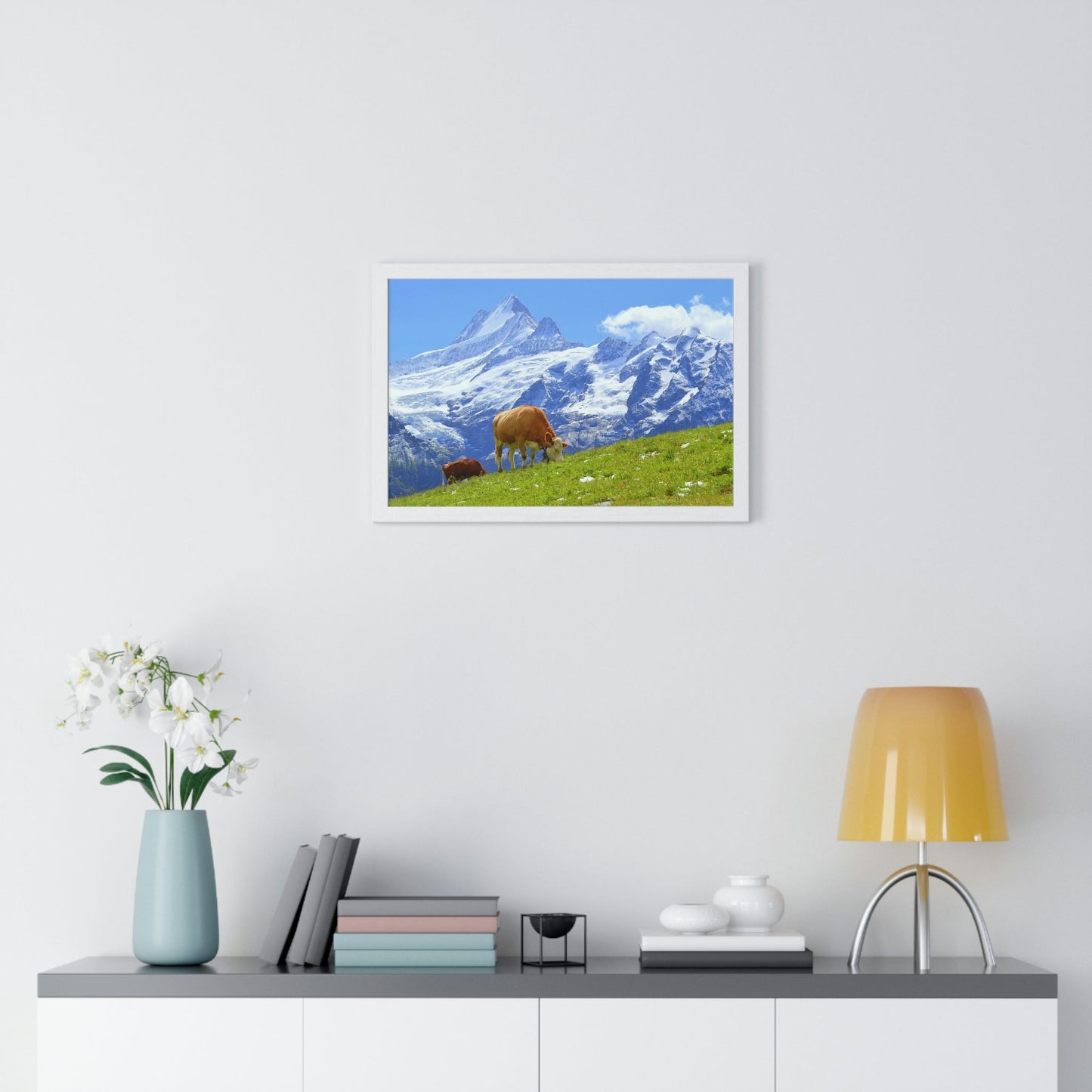 Premium Framed Horizontal Poster - Printed in LATVIA - Swiss Cow on Green Grass in the Alps, Grindelwald, Switzerland, EUROPE - Green Forest Home