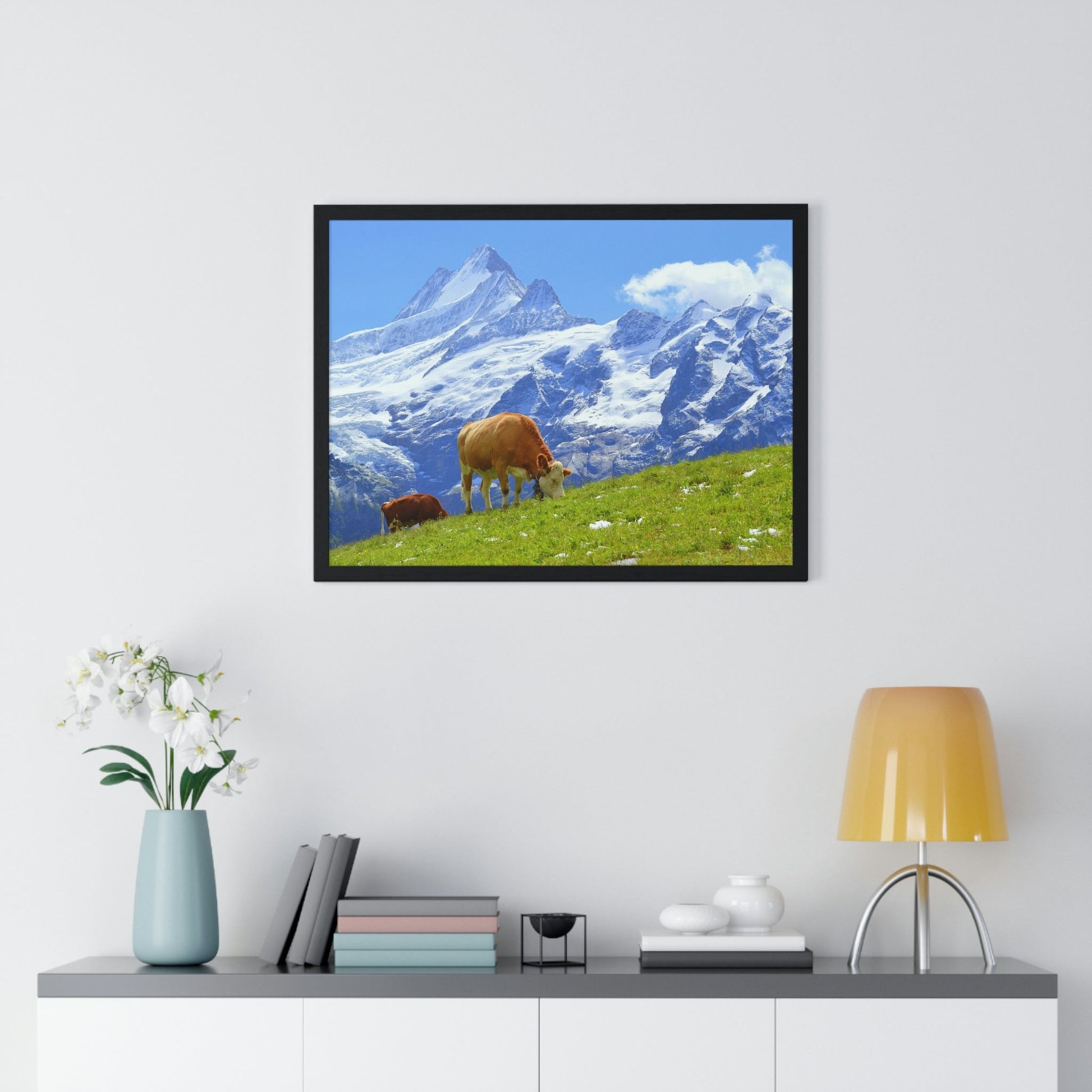 Premium Framed Horizontal Poster - Printed in LATVIA - Swiss Cow on Green Grass in the Alps, Grindelwald, Switzerland, EUROPE - Green Forest Home