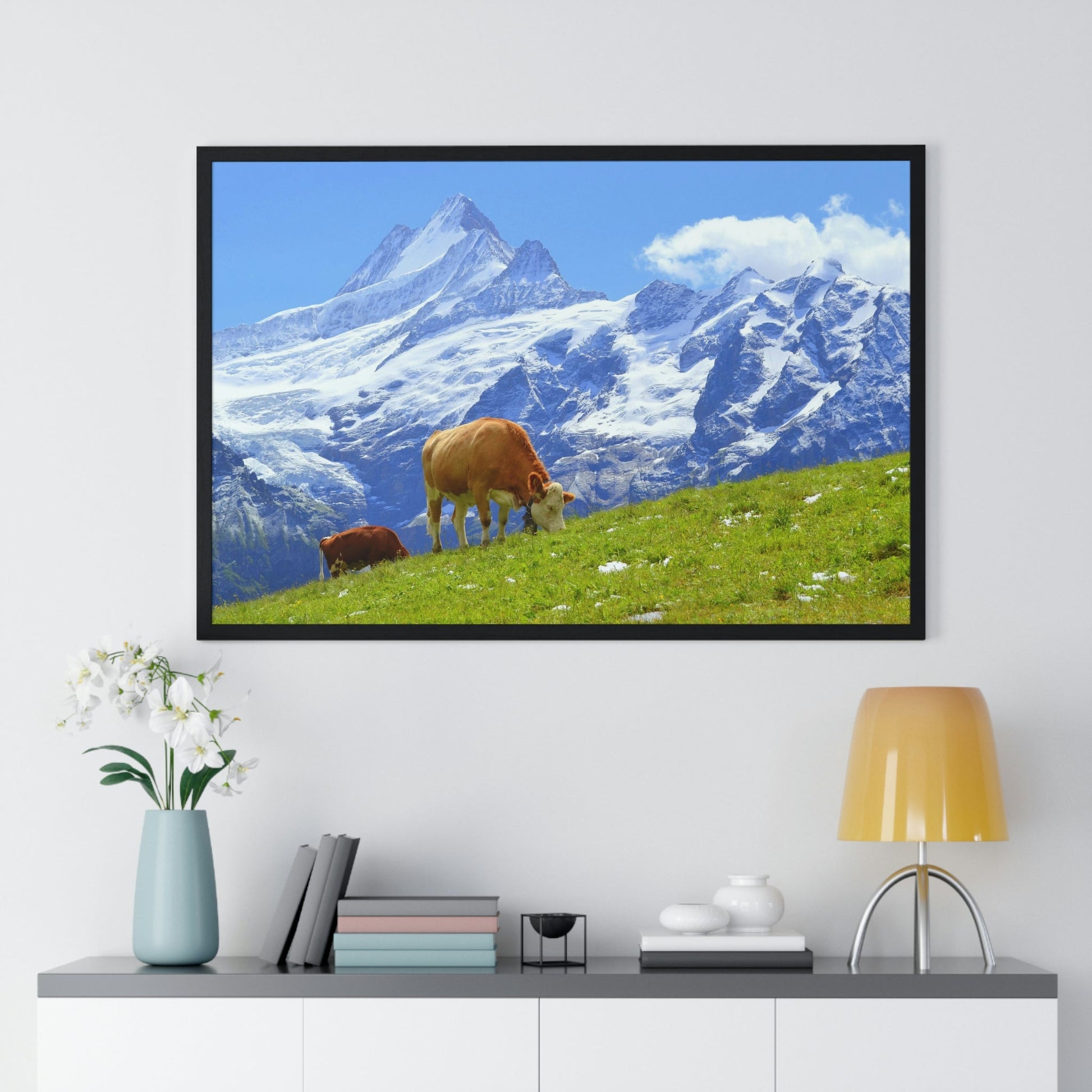 Premium Framed Horizontal Poster - Printed in LATVIA - Swiss Cow on Green Grass in the Alps, Grindelwald, Switzerland, EUROPE - Green Forest Home