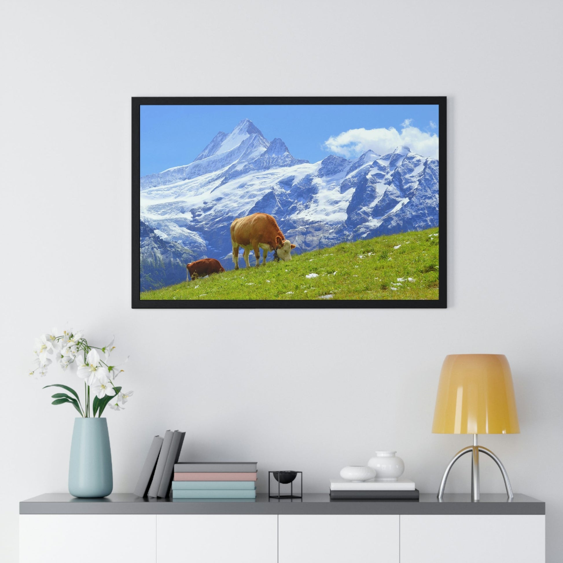 Premium Framed Horizontal Poster - Printed in LATVIA - Swiss Cow on Green Grass in the Alps, Grindelwald, Switzerland, EUROPE - Green Forest Home