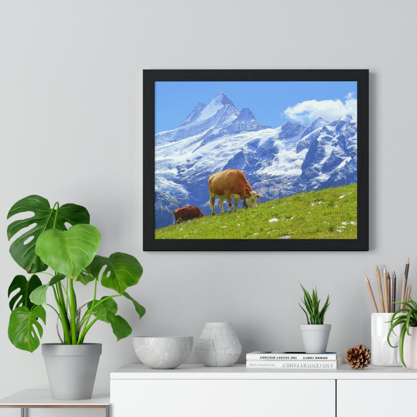 Premium Framed Horizontal Poster - Printed in LATVIA - Swiss Cow on Green Grass in the Alps, Grindelwald, Switzerland, EUROPE - Green Forest Home