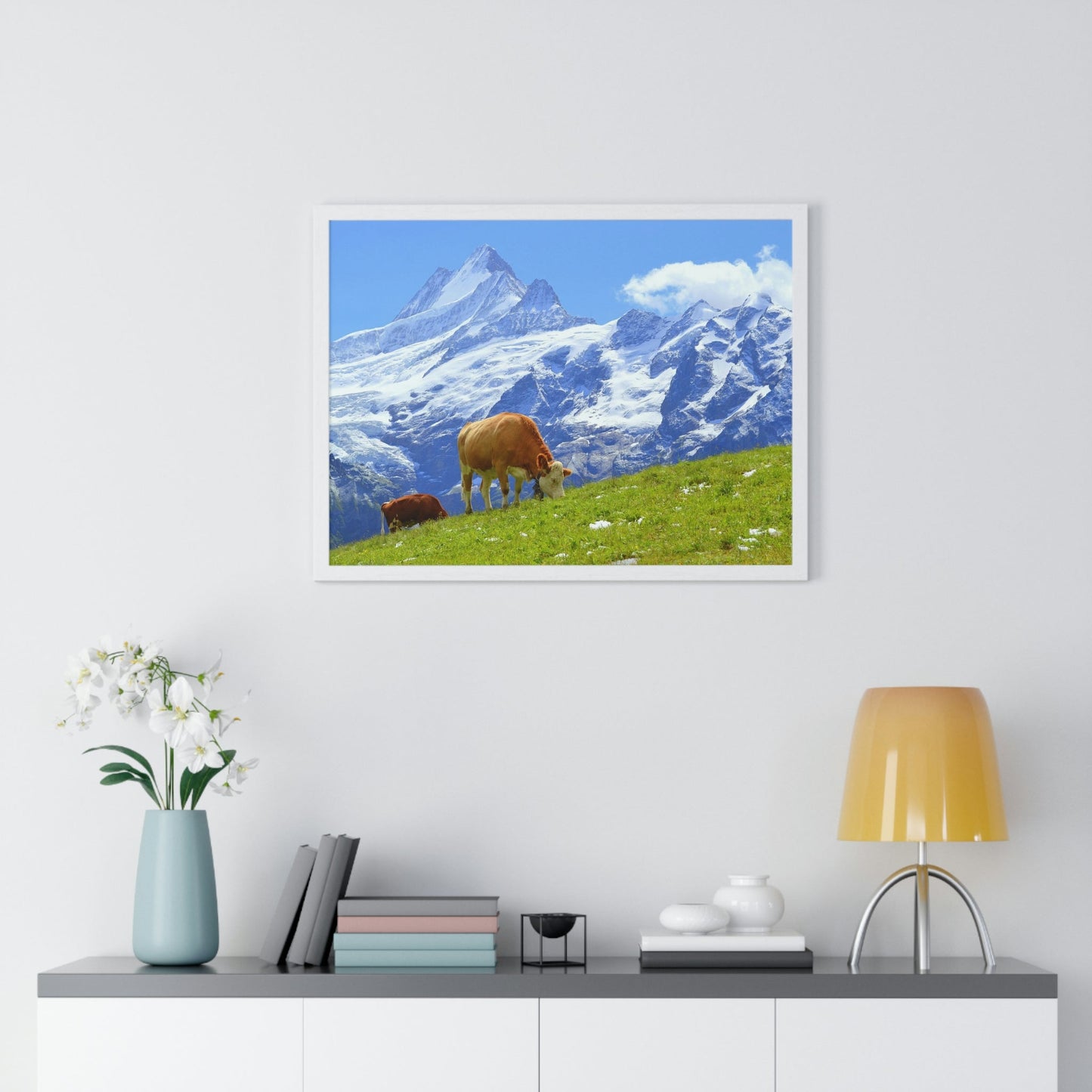 Premium Framed Horizontal Poster - Printed in LATVIA - Swiss Cow on Green Grass in the Alps, Grindelwald, Switzerland, EUROPE - Green Forest Home