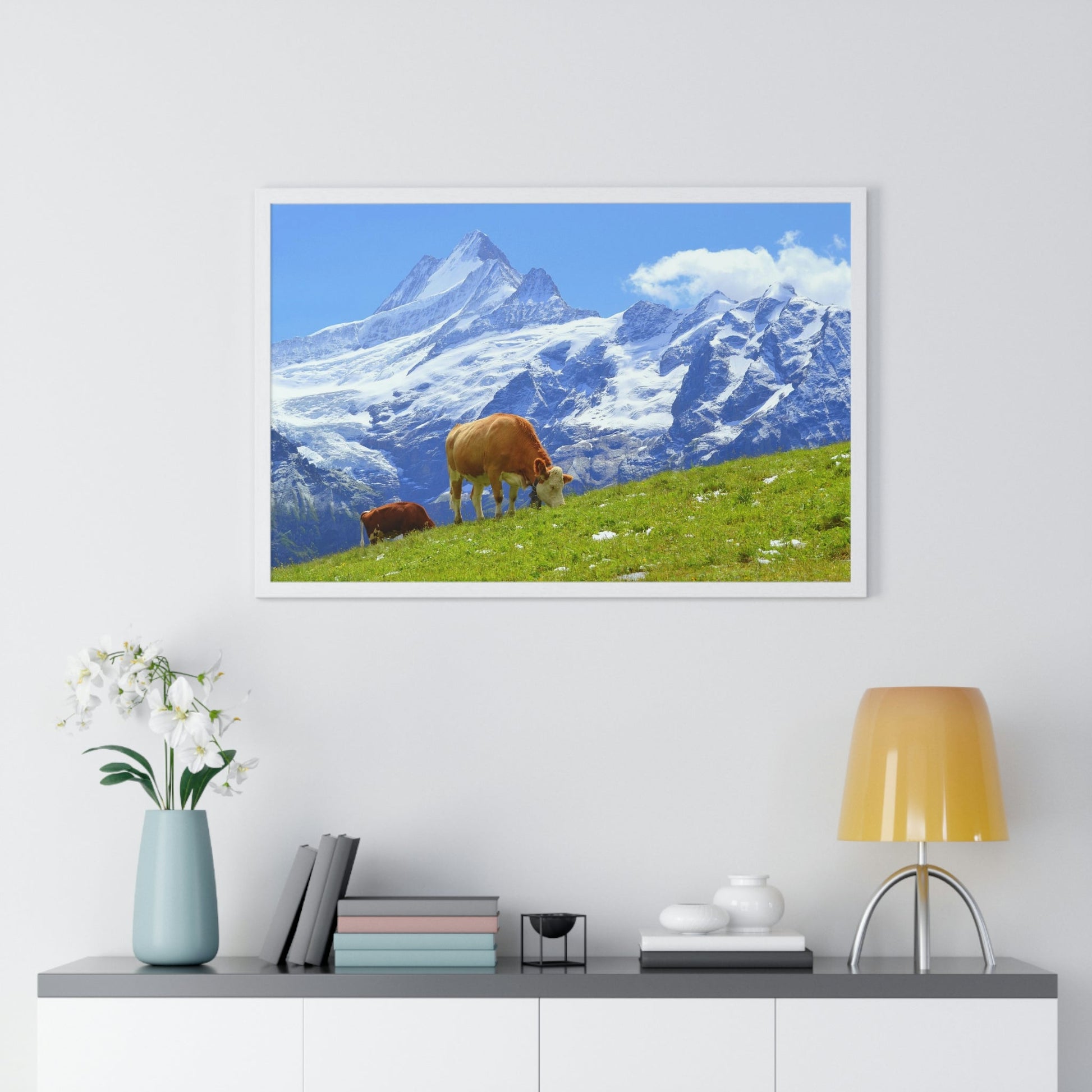 Premium Framed Horizontal Poster - Printed in LATVIA - Swiss Cow on Green Grass in the Alps, Grindelwald, Switzerland, EUROPE - Green Forest Home