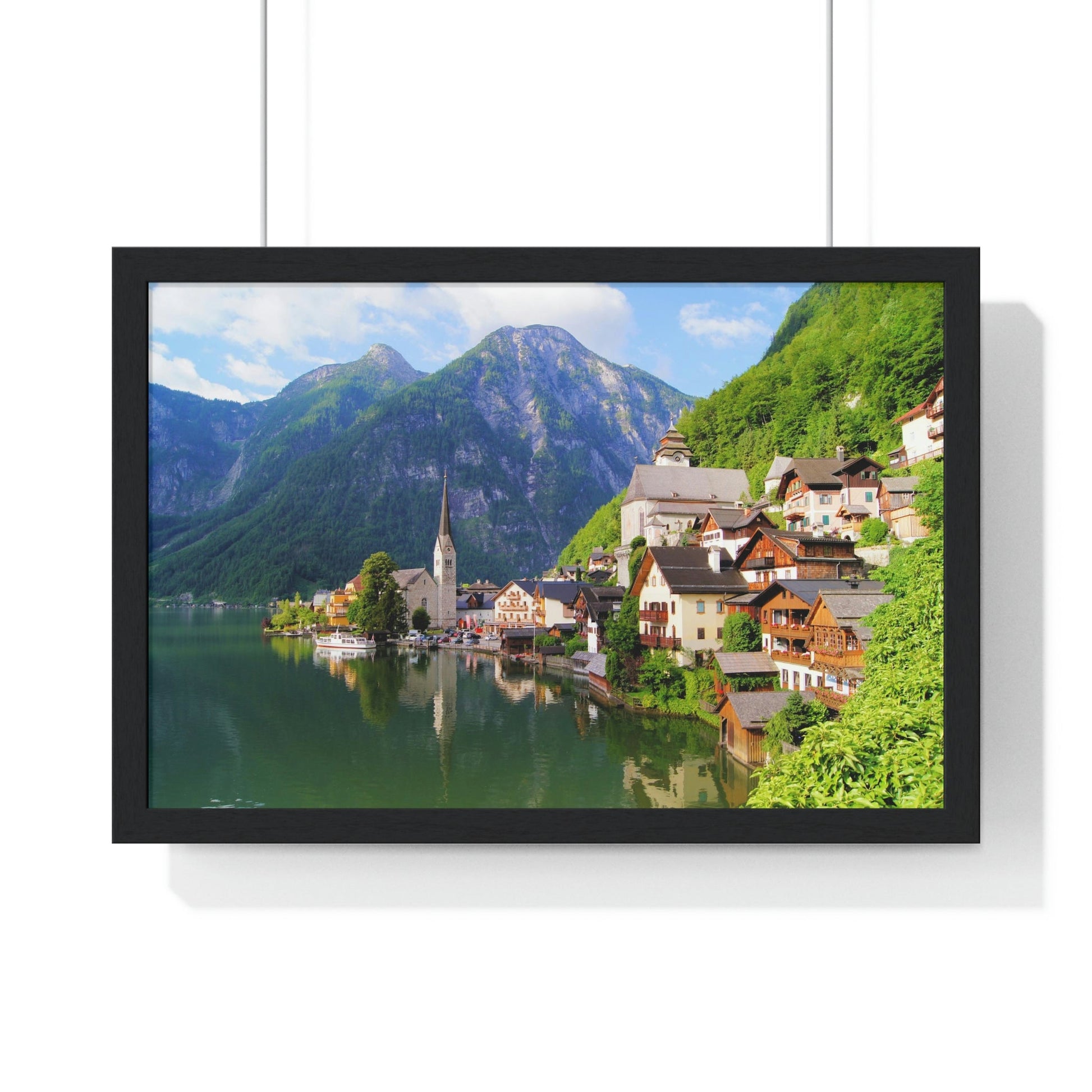 Premium Framed Horizontal - Printed in LATVIA - Famous Lake View of Hallstatt Village with the Alps behind, AUSTRIA - EUROPE - Green Forest Home