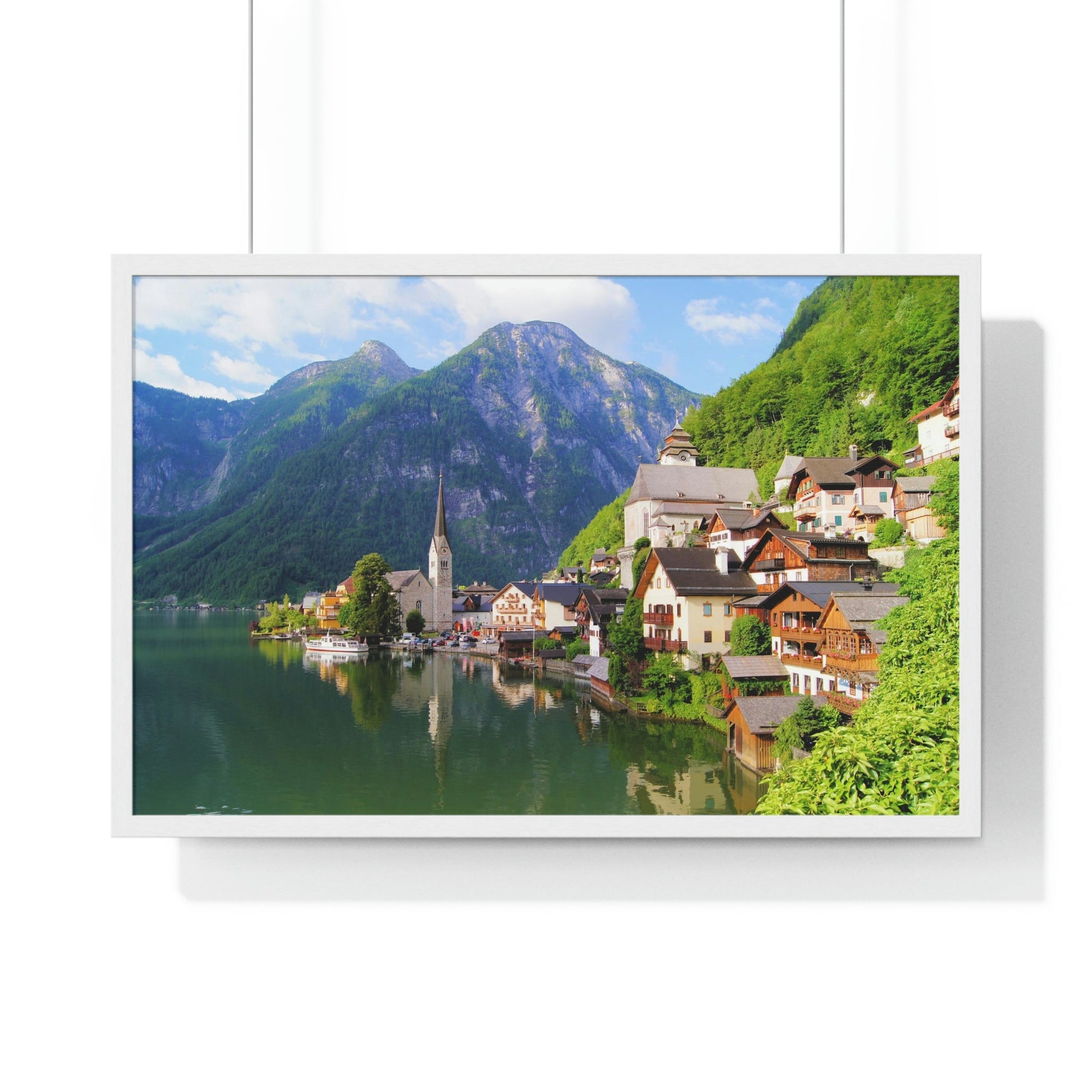 Premium Framed Horizontal - Printed in LATVIA - Famous Lake View of Hallstatt Village with the Alps behind, AUSTRIA - EUROPE - Green Forest Home