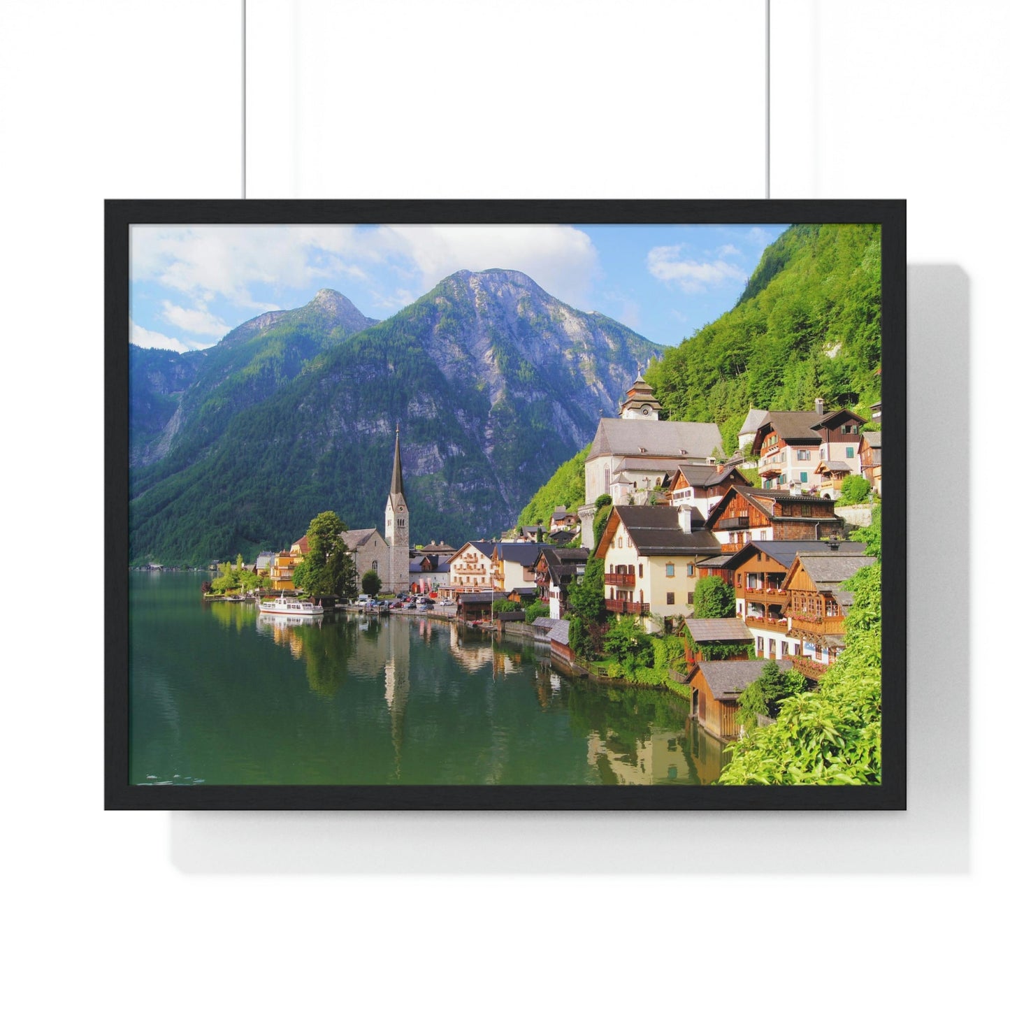 Premium Framed Horizontal - Printed in LATVIA - Famous Lake View of Hallstatt Village with the Alps behind, AUSTRIA - EUROPE - Green Forest Home