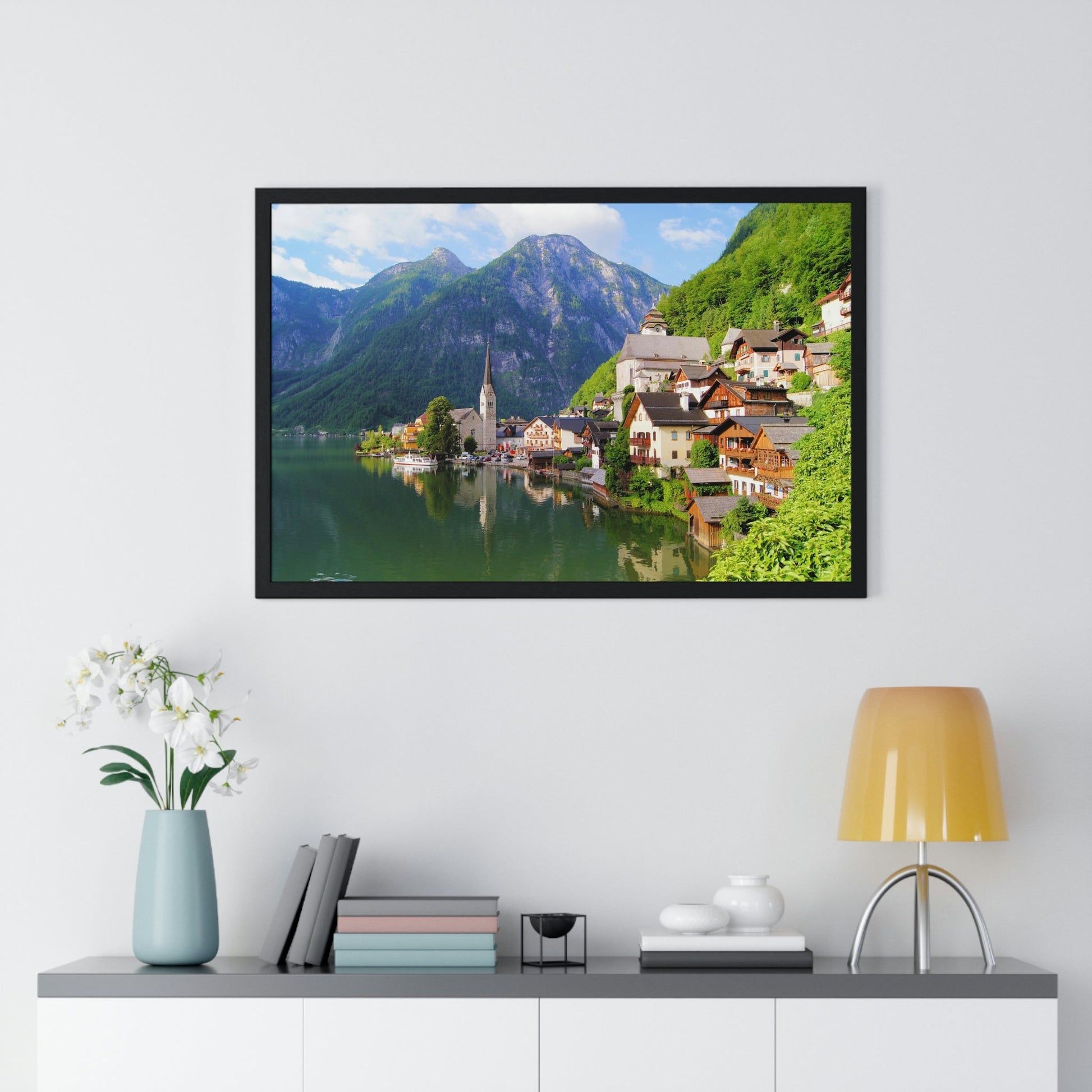 Premium Framed Horizontal - Printed in LATVIA - Famous Lake View of Hallstatt Village with the Alps behind, AUSTRIA - EUROPE - Green Forest Home