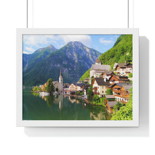 Premium Framed Horizontal - Printed in LATVIA - Famous Lake View of Hallstatt Village with the Alps behind, AUSTRIA - EUROPE - Green Forest Home