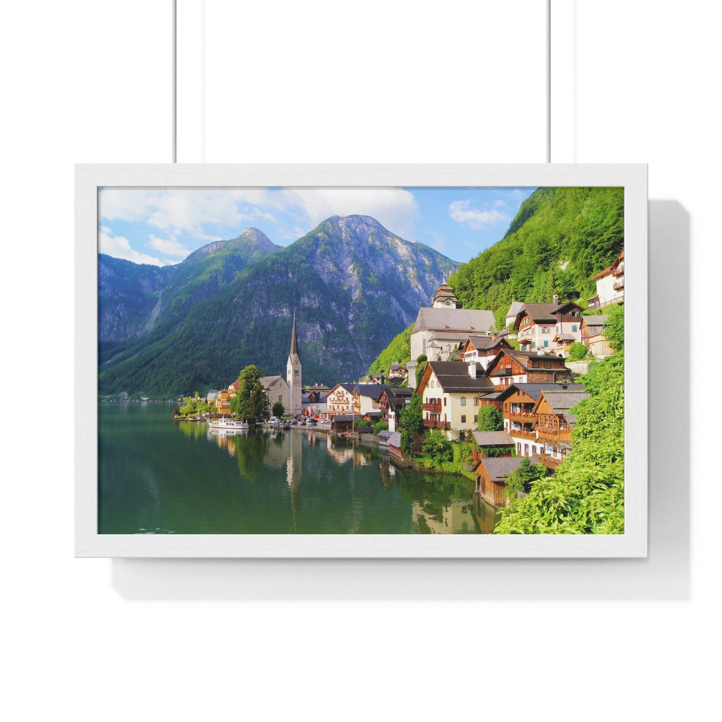 Premium Framed Horizontal - Printed in LATVIA - Famous Lake View of Hallstatt Village with the Alps behind, AUSTRIA - EUROPE - Green Forest Home