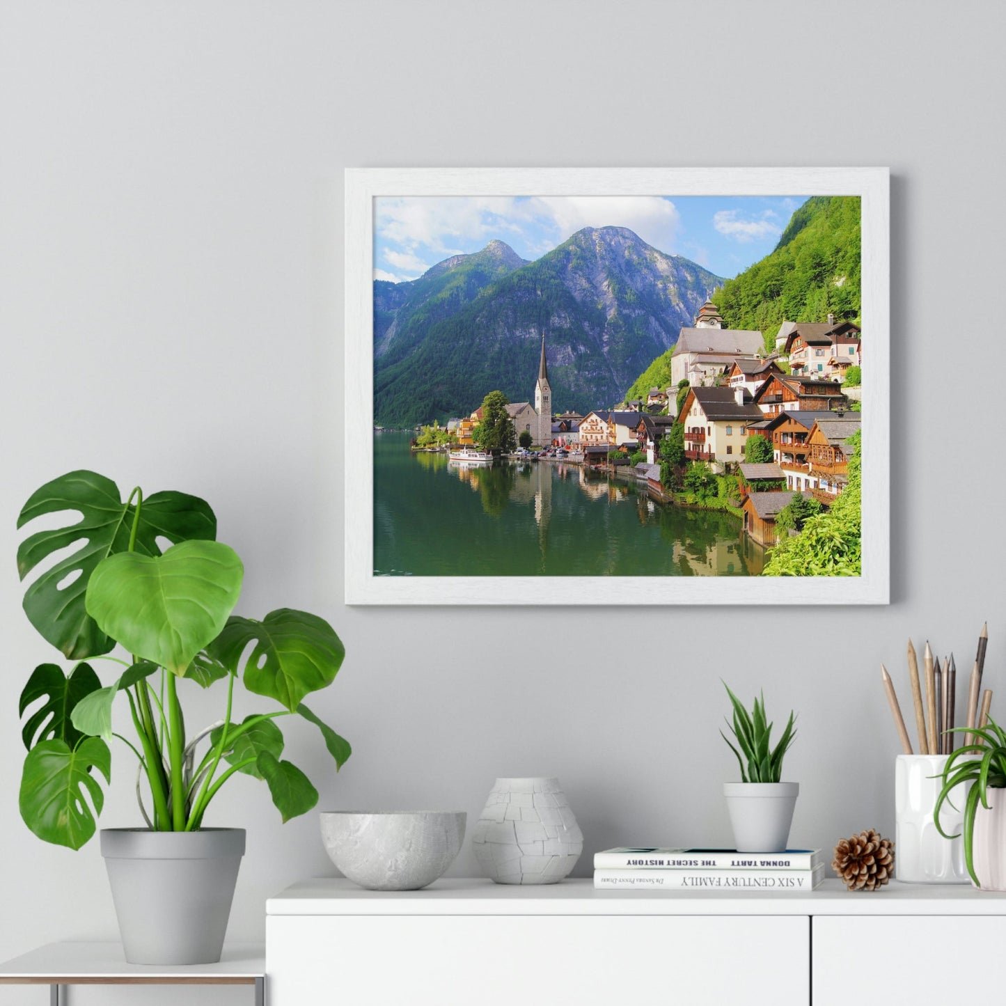 Premium Framed Horizontal - Printed in LATVIA - Famous Lake View of Hallstatt Village with the Alps behind, AUSTRIA - EUROPE - Green Forest Home