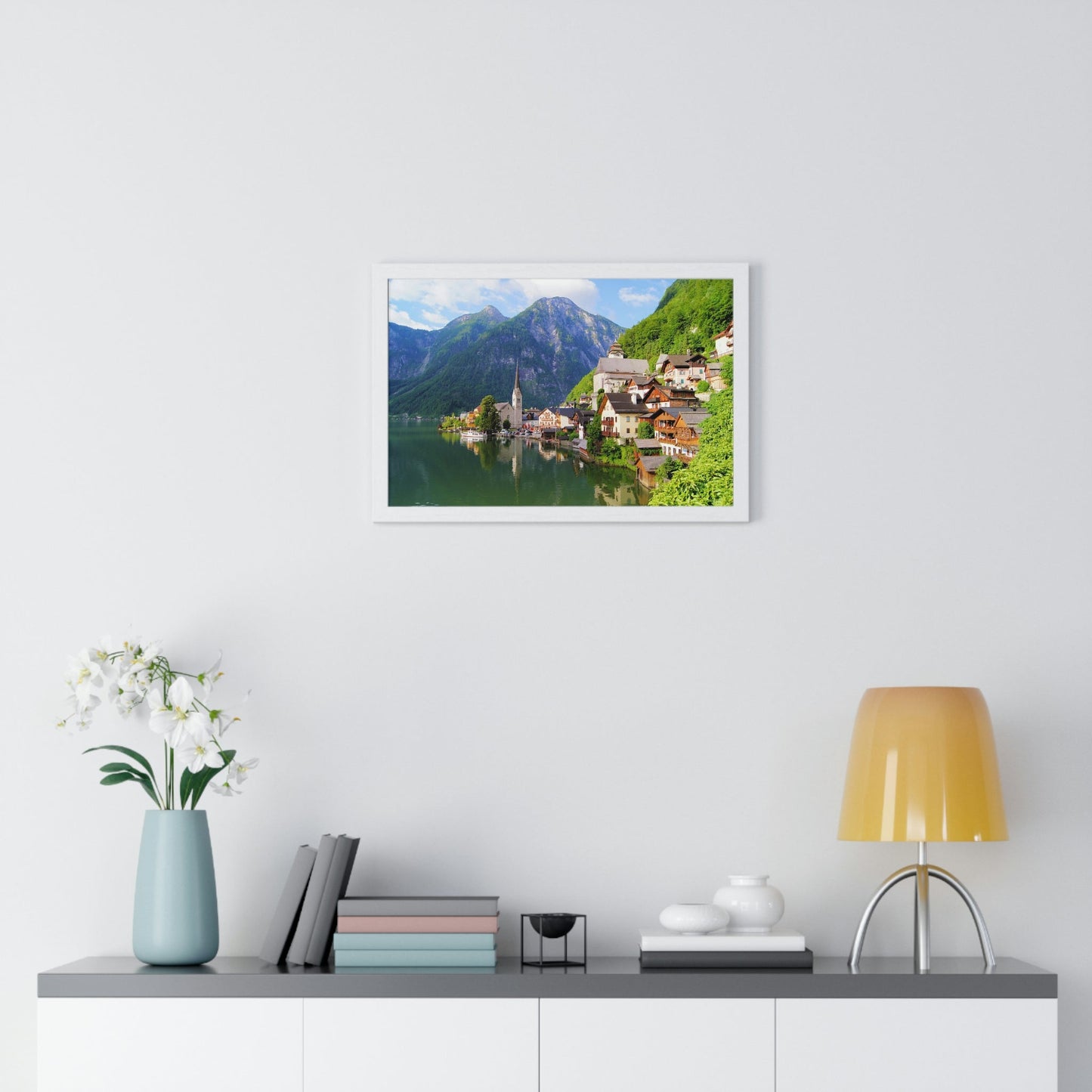 Premium Framed Horizontal - Printed in LATVIA - Famous Lake View of Hallstatt Village with the Alps behind, AUSTRIA - EUROPE - Green Forest Home