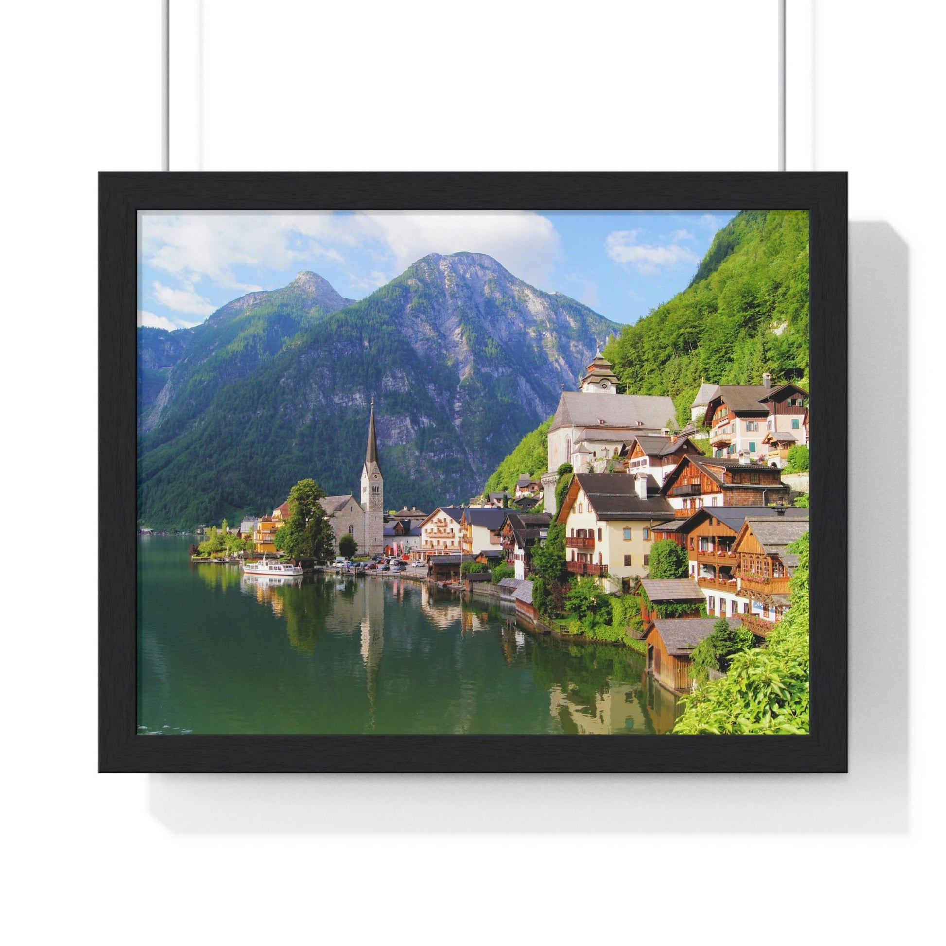 Premium Framed Horizontal - Printed in LATVIA - Famous Lake View of Hallstatt Village with the Alps behind, AUSTRIA - EUROPE - Green Forest Home