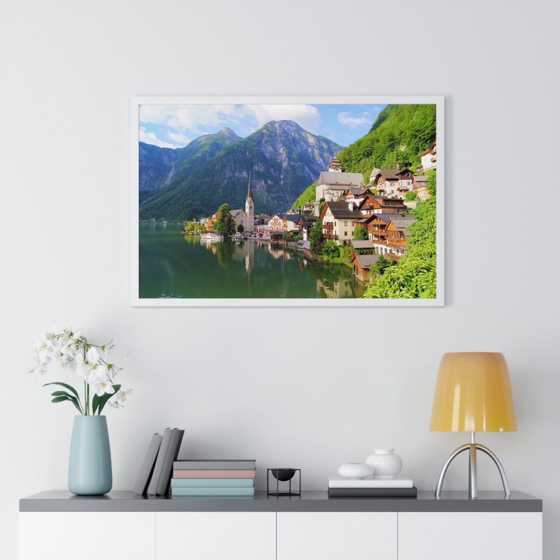 Premium Framed Horizontal - Printed in LATVIA - Famous Lake View of Hallstatt Village with the Alps behind, AUSTRIA - EUROPE - Green Forest Home