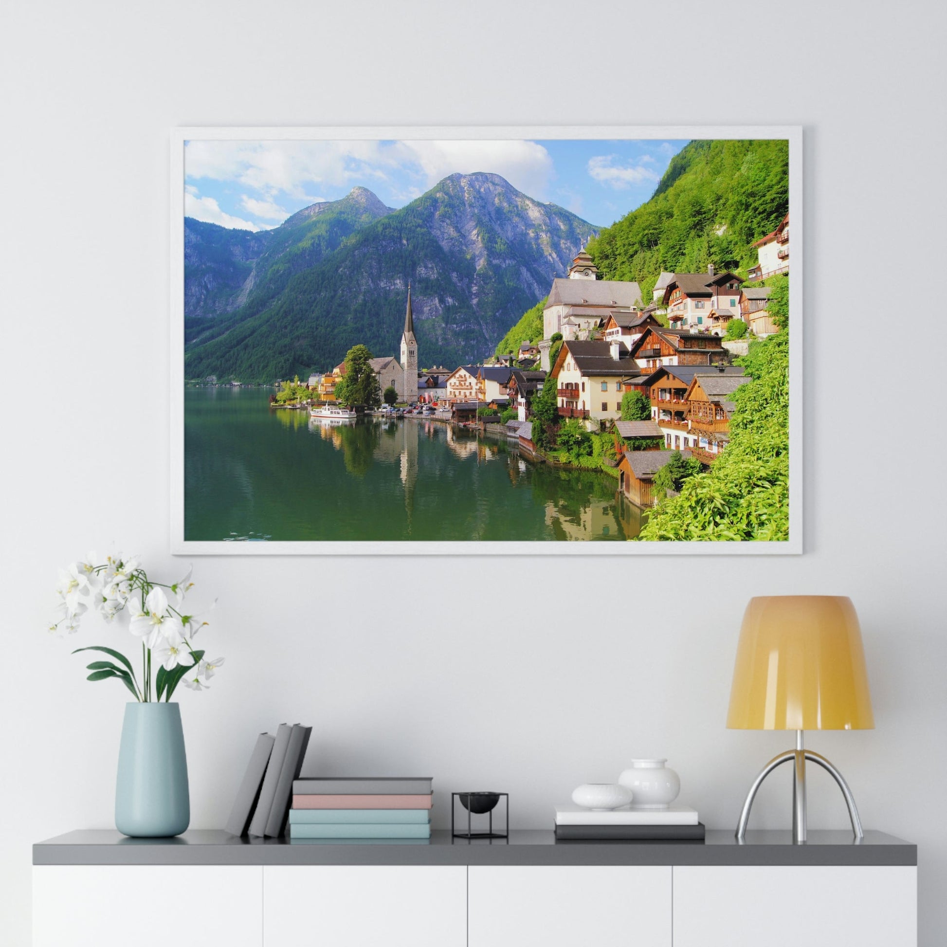 Premium Framed Horizontal - Printed in LATVIA - Famous Lake View of Hallstatt Village with the Alps behind, AUSTRIA - EUROPE - Green Forest Home