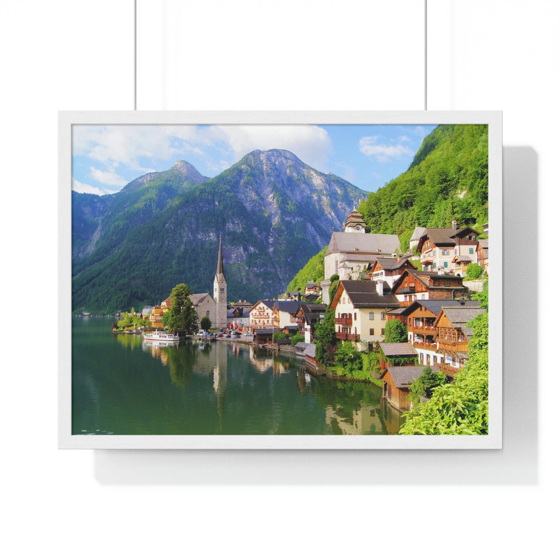 Premium Framed Horizontal - Printed in LATVIA - Famous Lake View of Hallstatt Village with the Alps behind, AUSTRIA - EUROPE - Green Forest Home