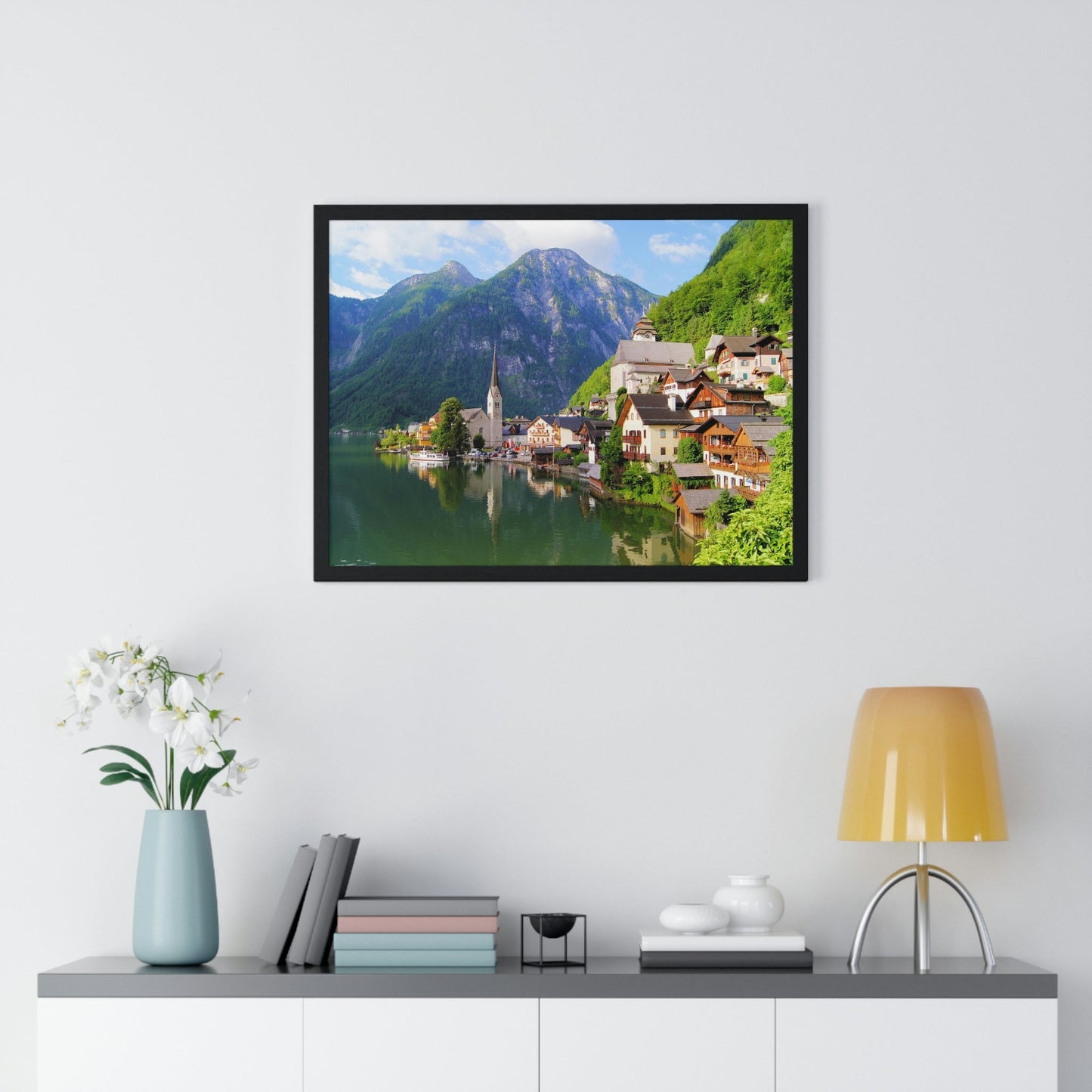 Premium Framed Horizontal - Printed in LATVIA - Famous Lake View of Hallstatt Village with the Alps behind, AUSTRIA - EUROPE - Green Forest Home