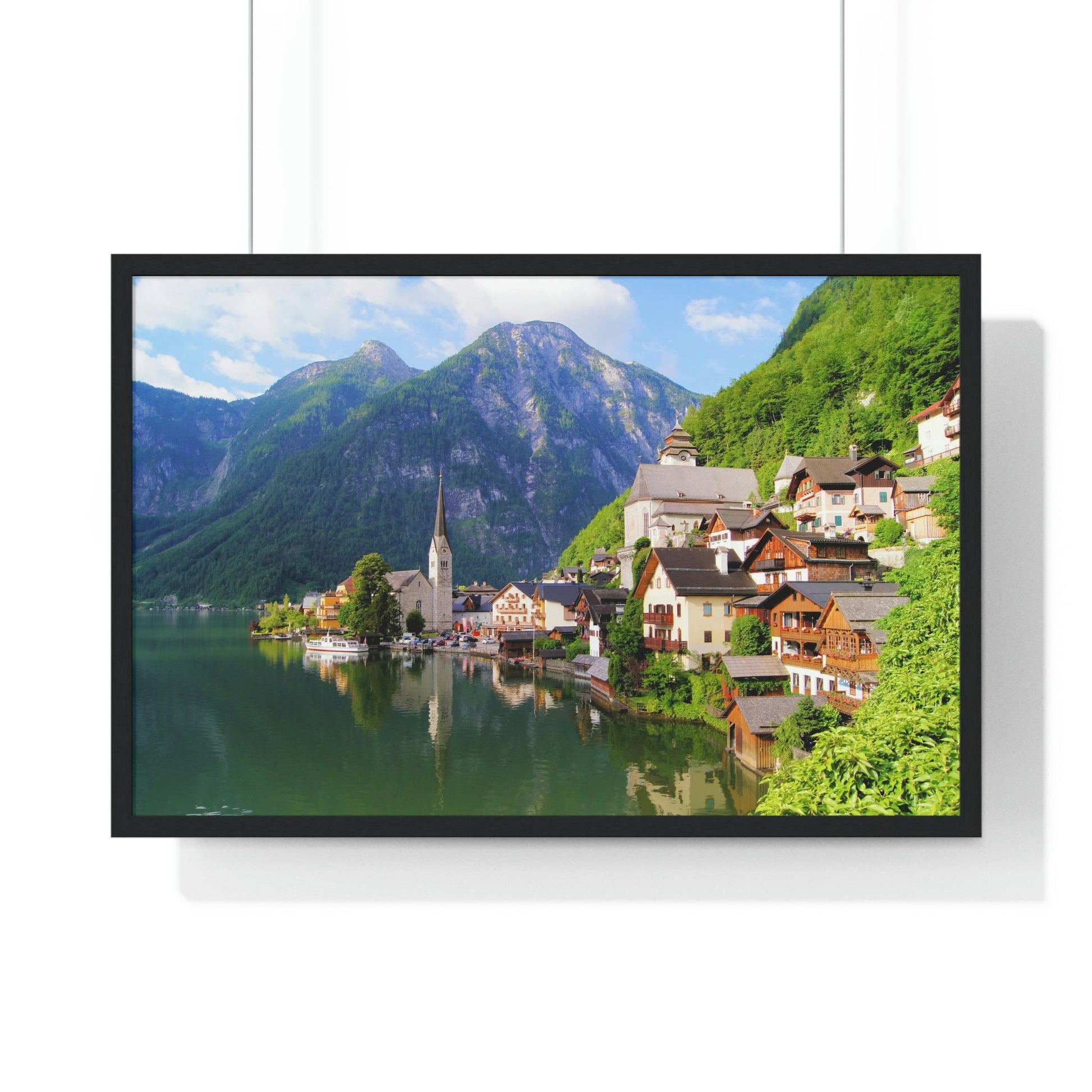 Premium Framed Horizontal - Printed in LATVIA - Famous Lake View of Hallstatt Village with the Alps behind, AUSTRIA - EUROPE - Green Forest Home