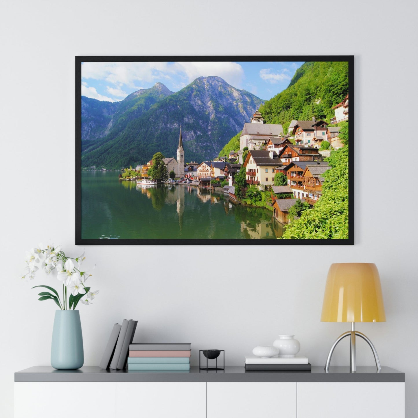 Premium Framed Horizontal - Printed in LATVIA - Famous Lake View of Hallstatt Village with the Alps behind, AUSTRIA - EUROPE - Green Forest Home